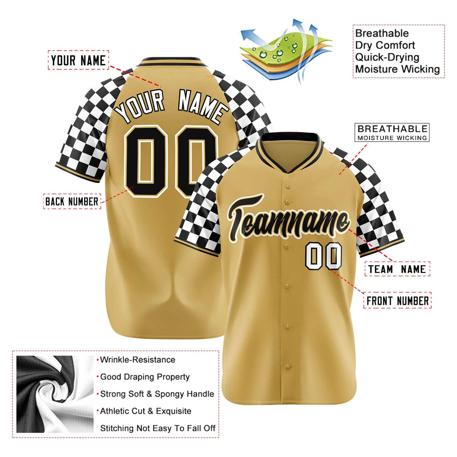 Custom Old Gold Black-White Authentic Plaid Sleeve Baseball Jersey