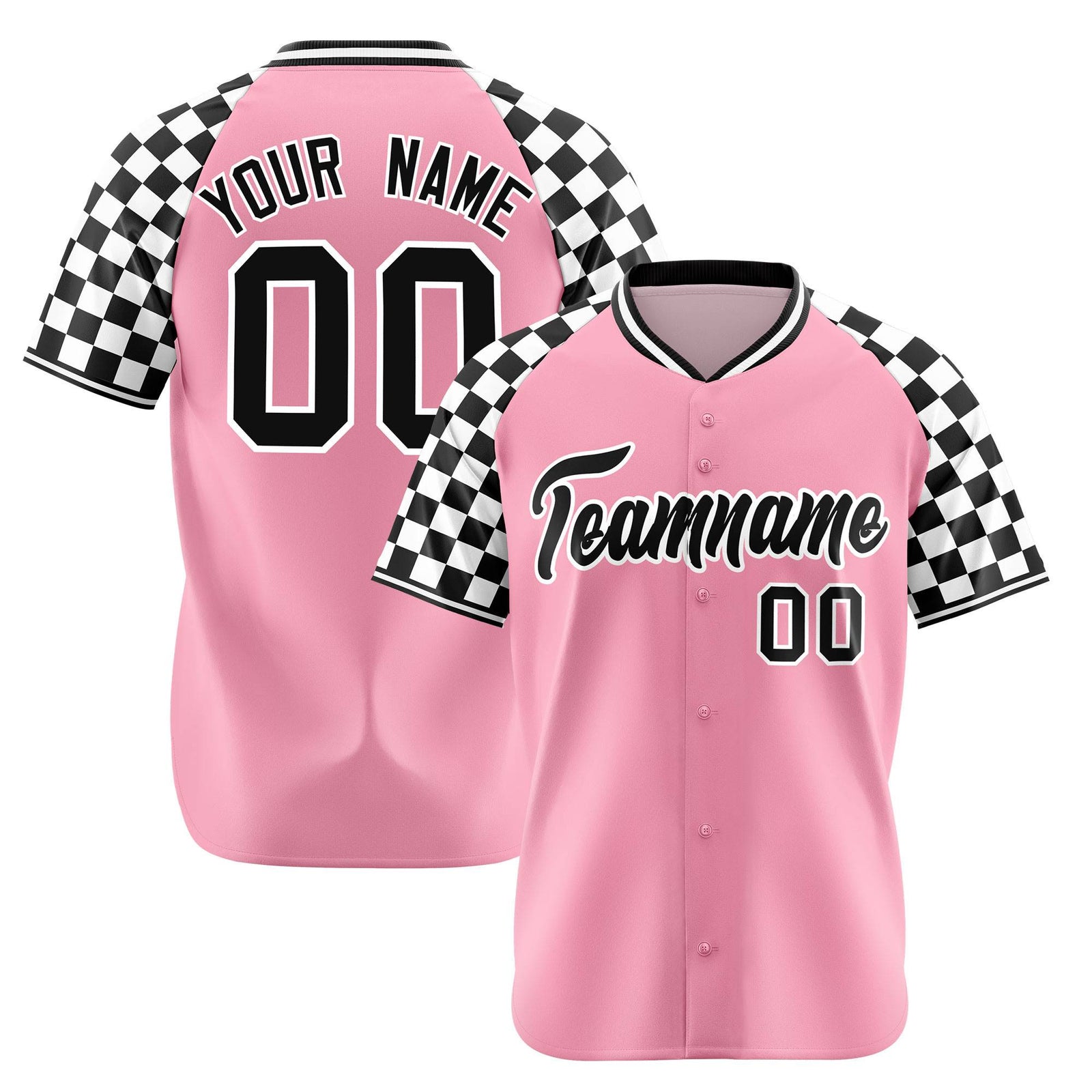 Custom Light Pink Black-White Authentic Plaid Sleeve Baseball Jersey
