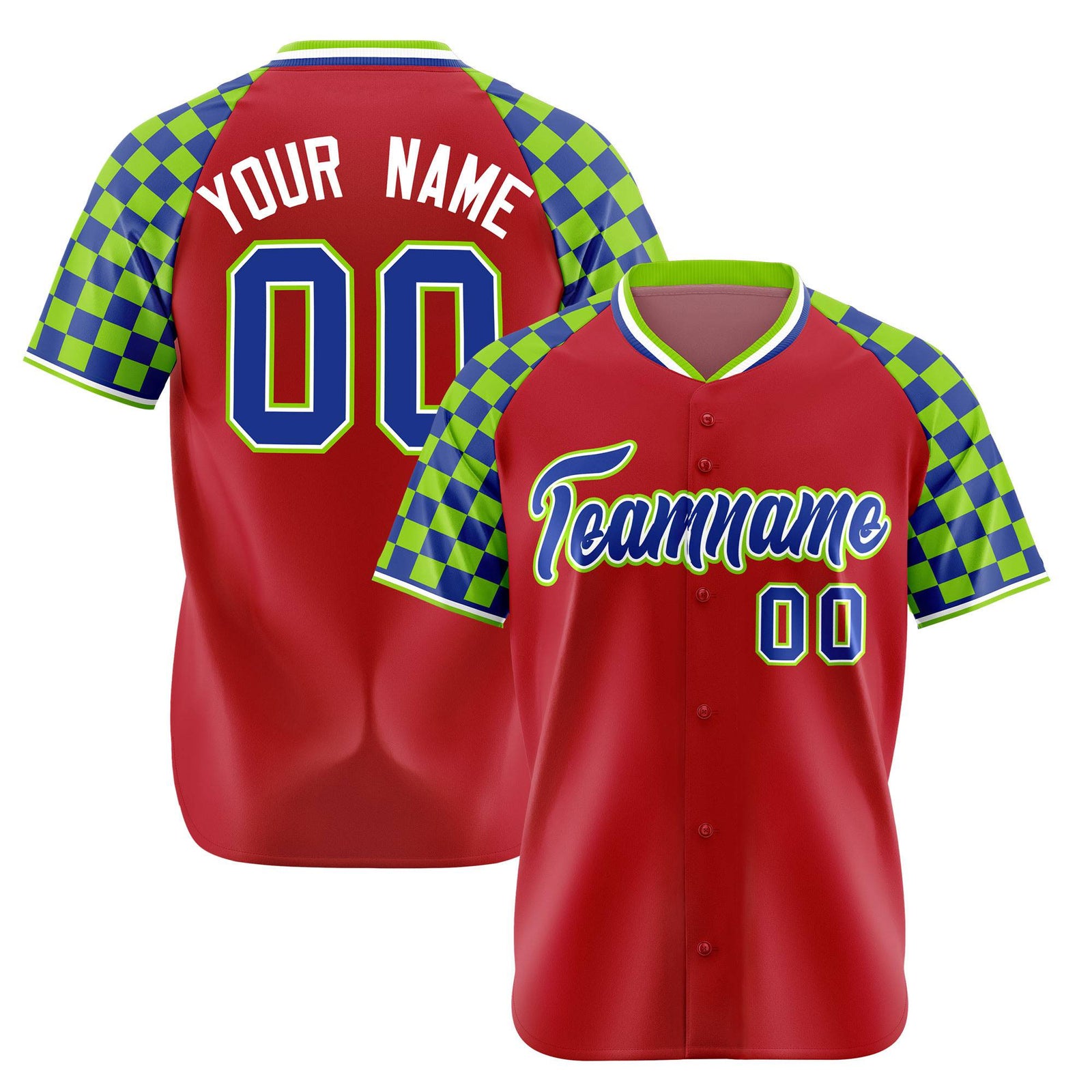 Custom Red Royal Blue-Neon Green Authentic Plaid Sleeve Baseball Jersey