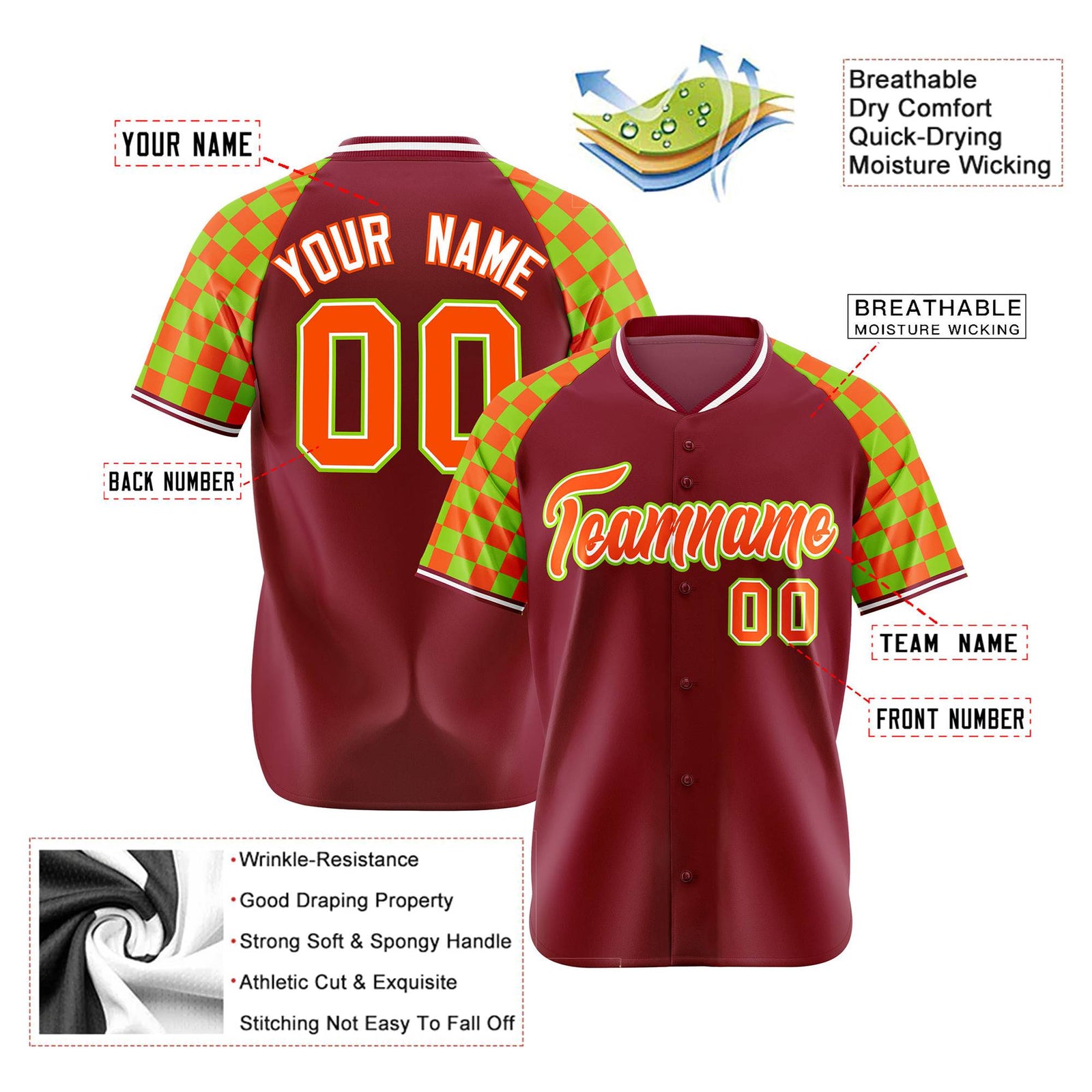Custom Crimson Orange-Neon Green Authentic Plaid Sleeve Baseball Jersey