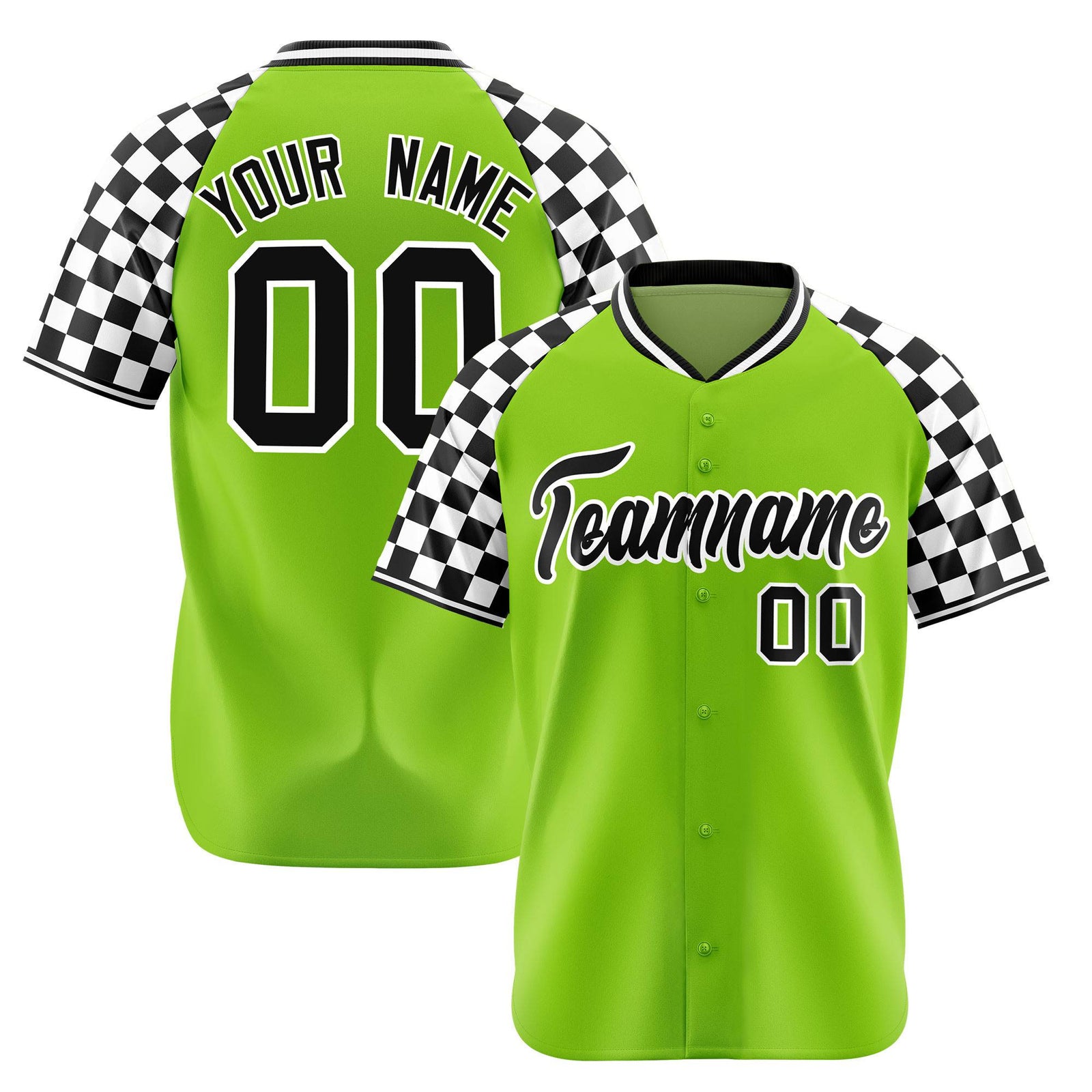 Custom Neon Green Black-White Authentic Plaid Sleeve Baseball Jersey