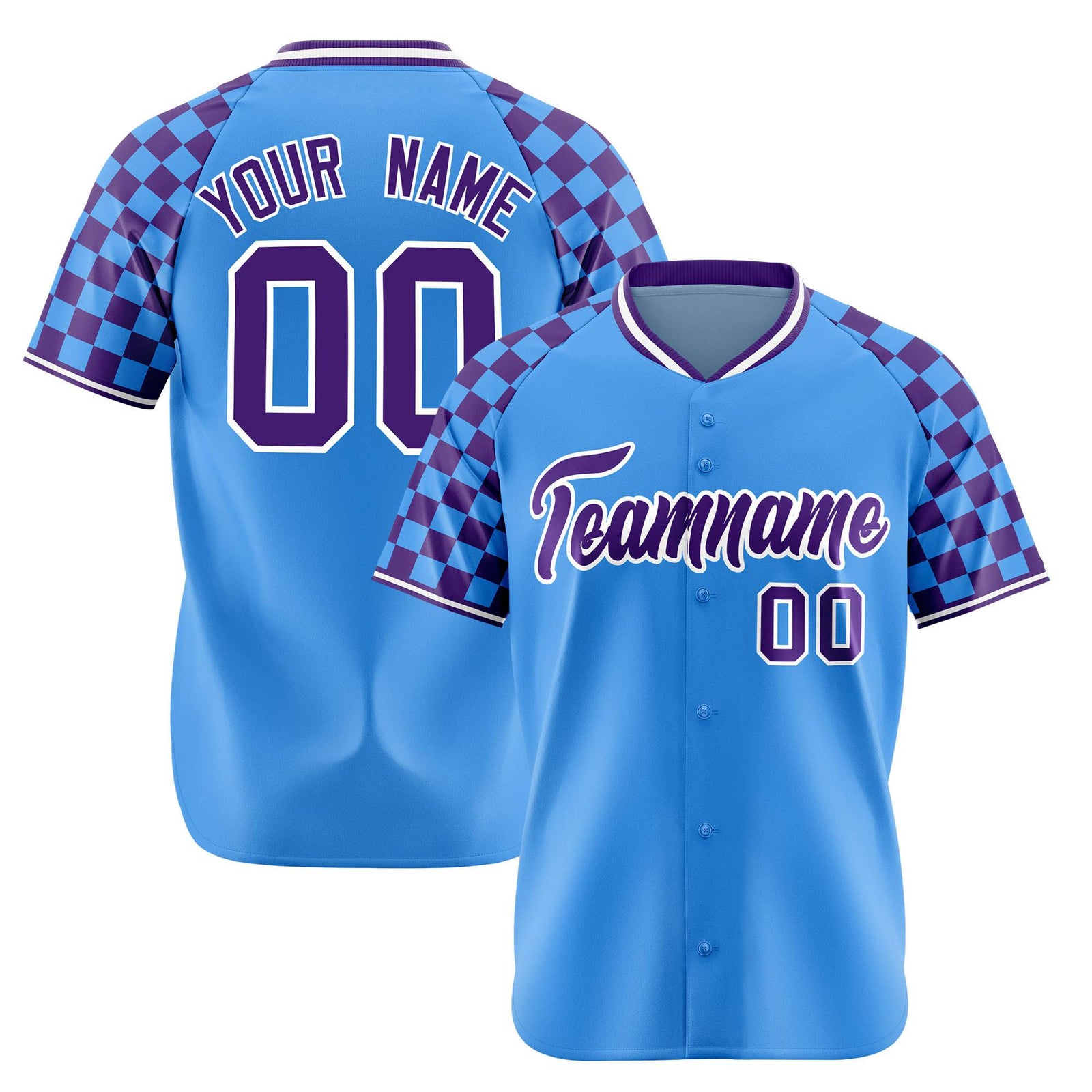 Custom Powder Blue Purple-White Authentic Plaid Sleeve Baseball Jersey