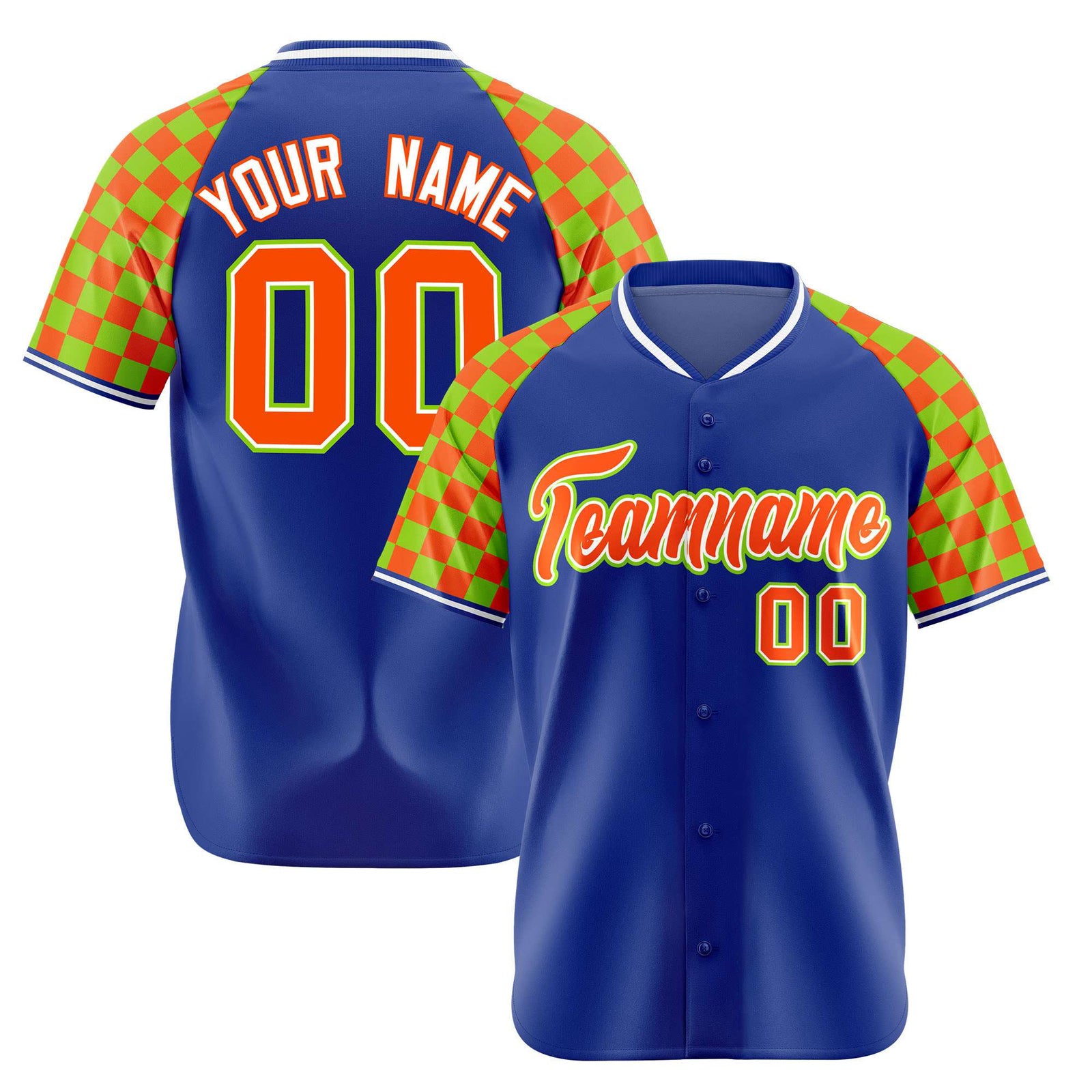 Custom Royal Blue Orange-Neon Green Authentic Plaid Sleeve Baseball Jersey