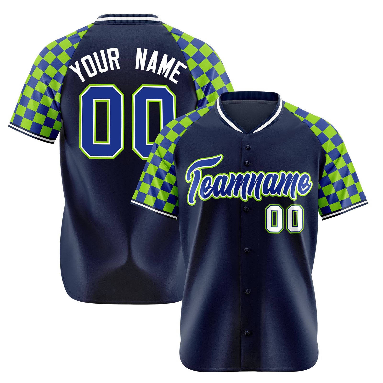 Custom Navy Neon Green-Royal Blue Authentic Plaid Sleeve Baseball Jersey