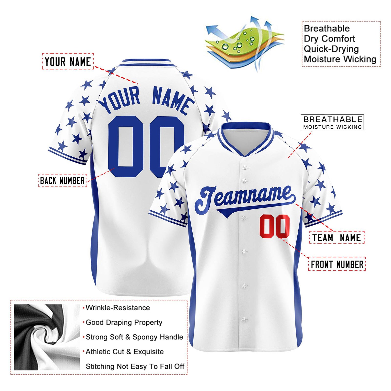 Custom White Royal Blue Gradient Side Personalized Star Pattern Authentic Baseball Jersey