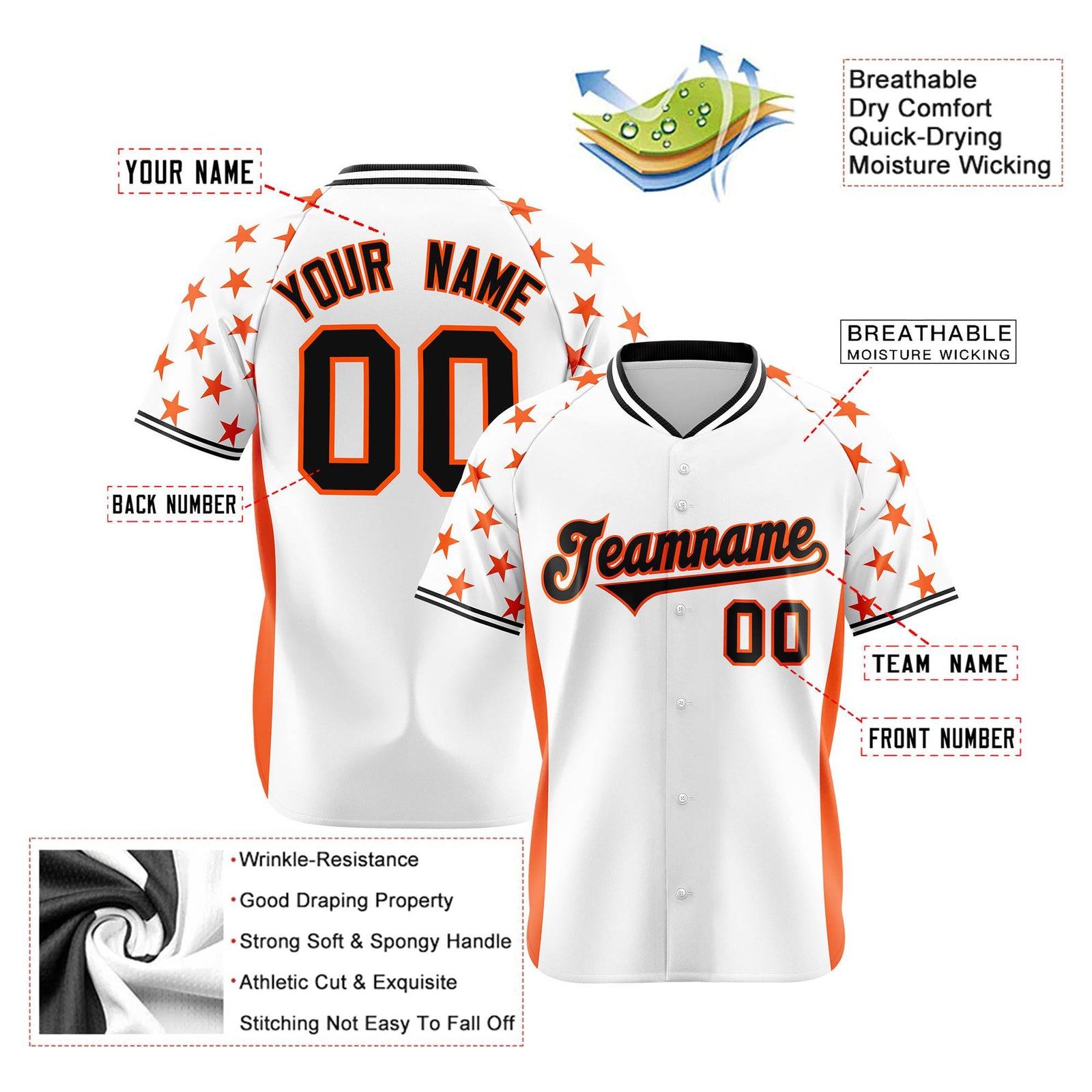 Custom White Orange Gradient Side Personalized Star Pattern Authentic Baseball Jersey