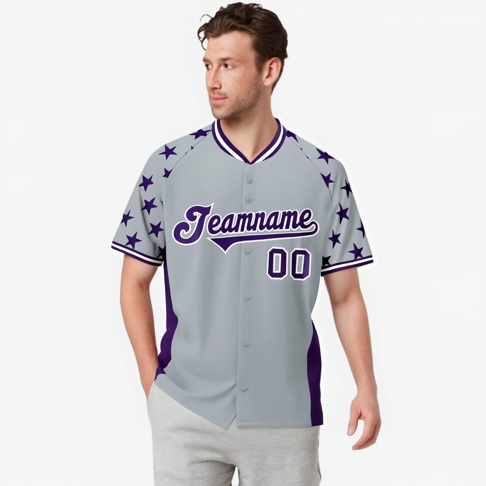 Custom Gray Purple Gradient Side Personalized Star Pattern Authentic Baseball Jersey