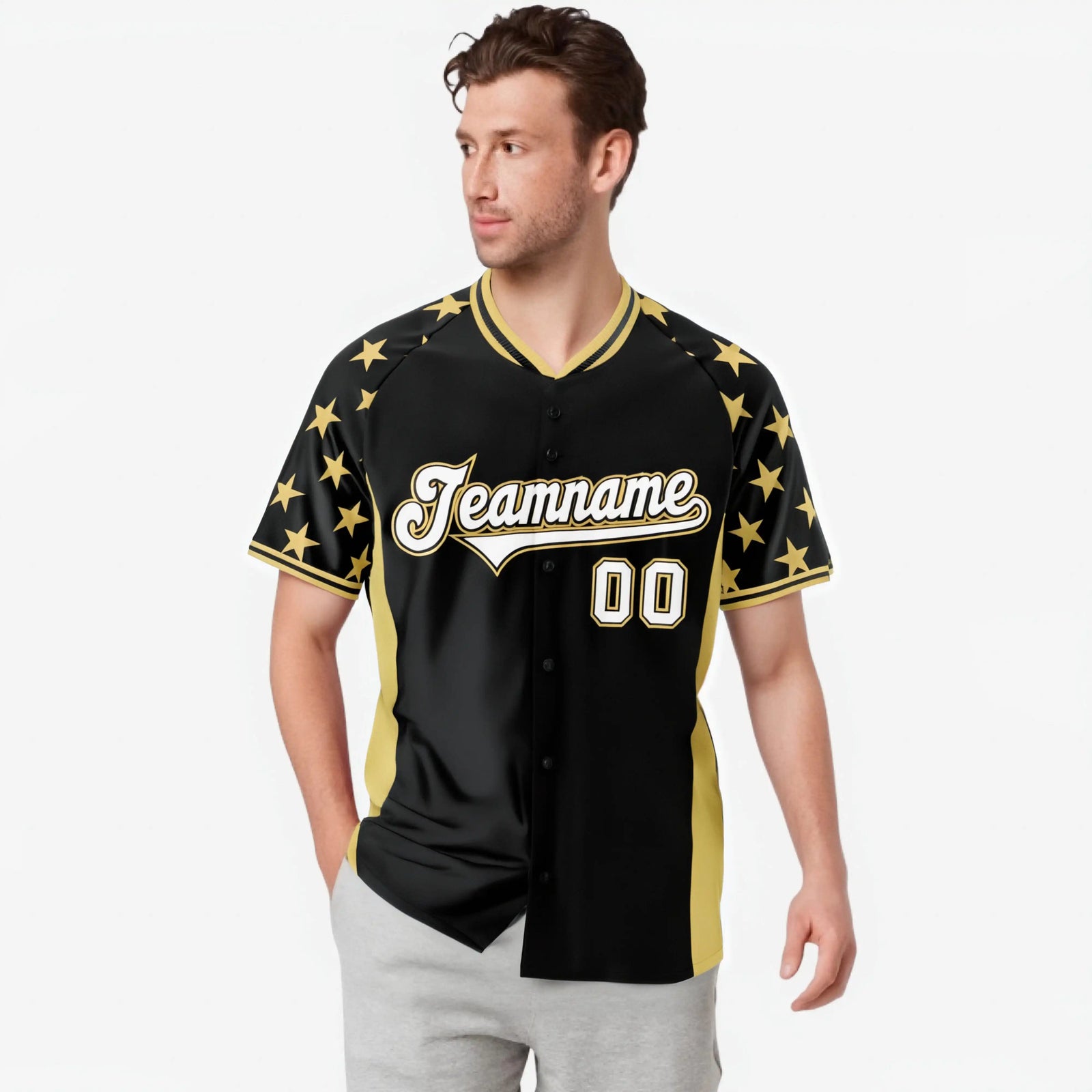 Custom Black Old Gold Gradient Side Personalized Star Pattern Authentic Baseball Jersey