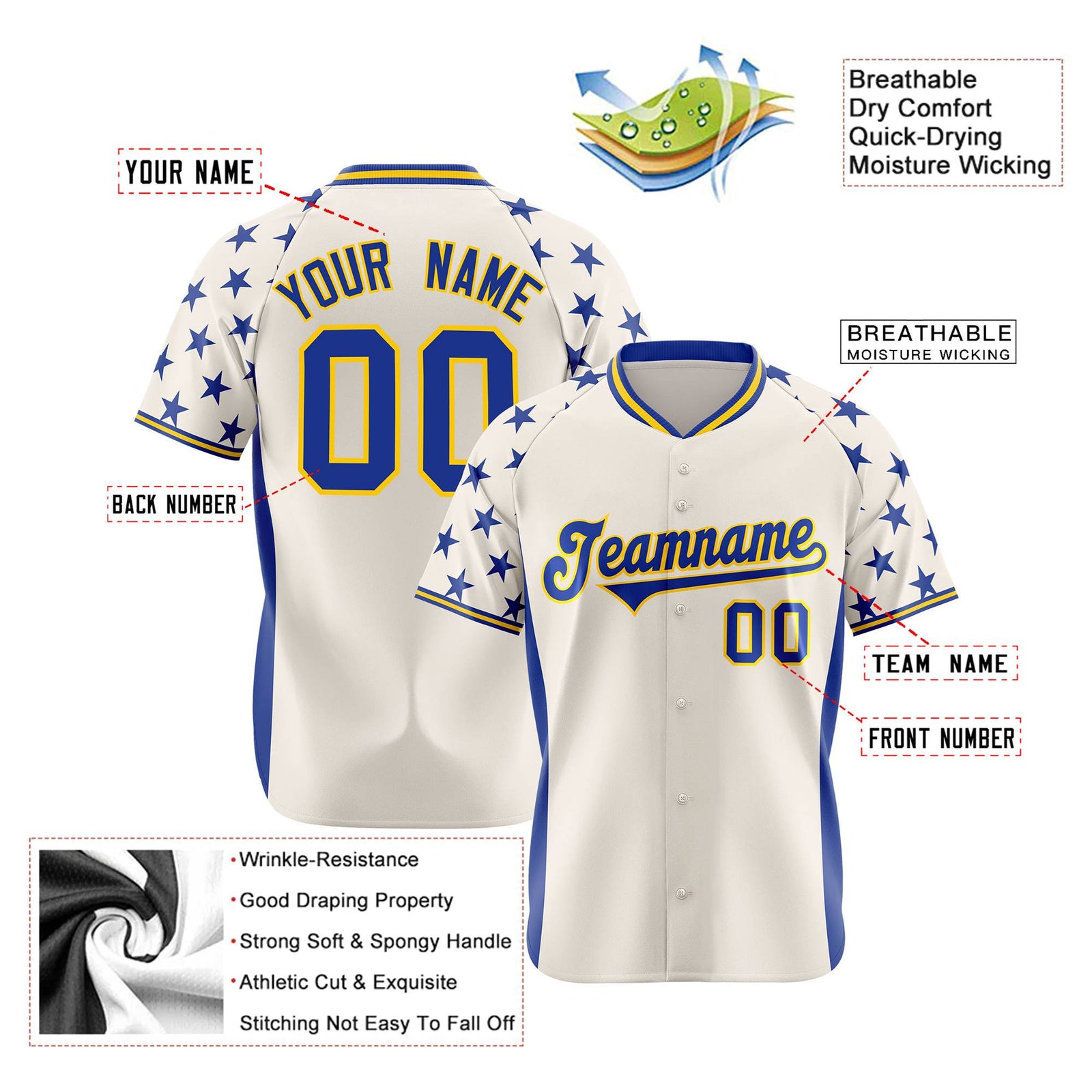 Custom Gream Royal Blue Gradient Side Personalized Star Pattern Authentic Baseball Jersey