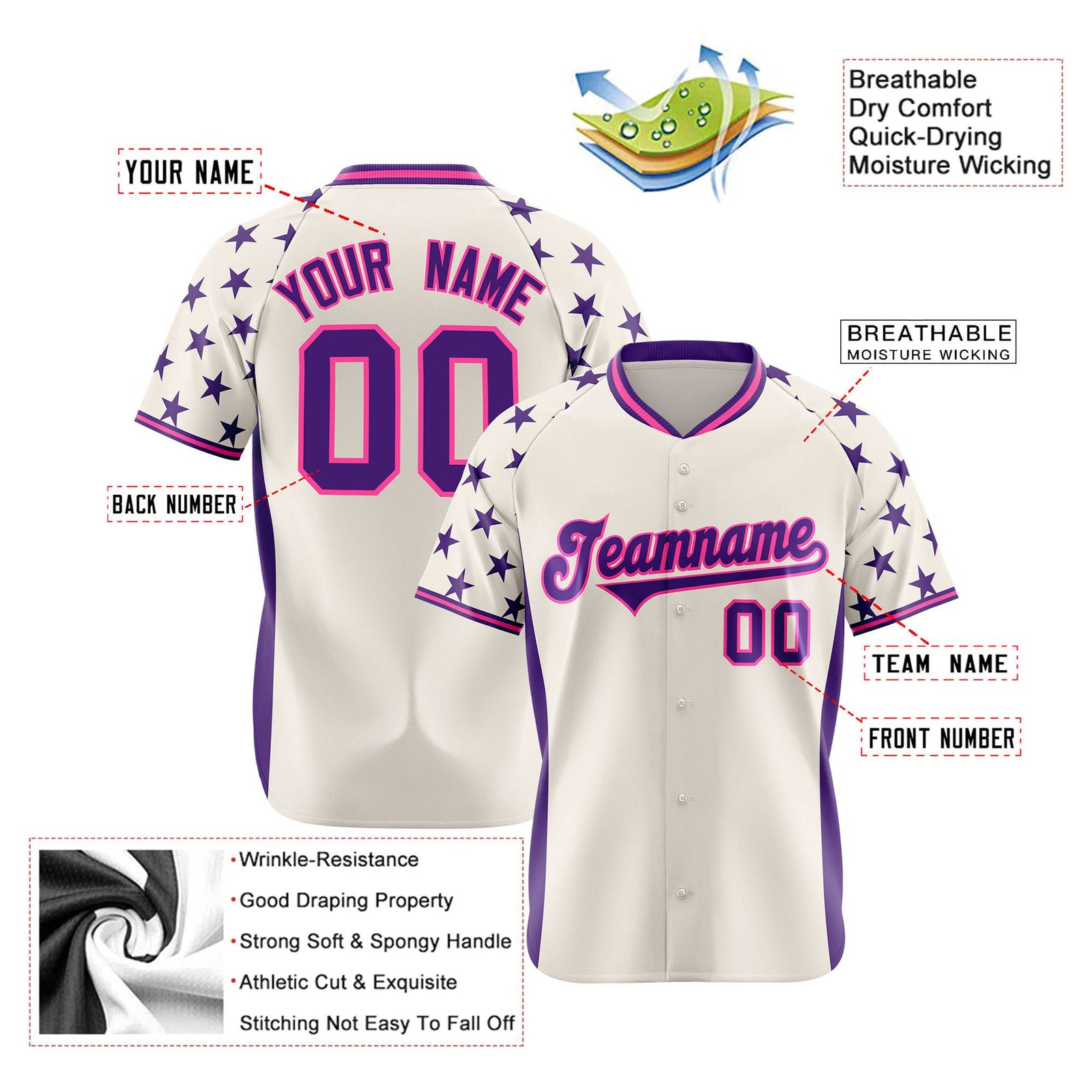 Custom Gream Purple Gradient Side Personalized Star Pattern Authentic Baseball Jersey