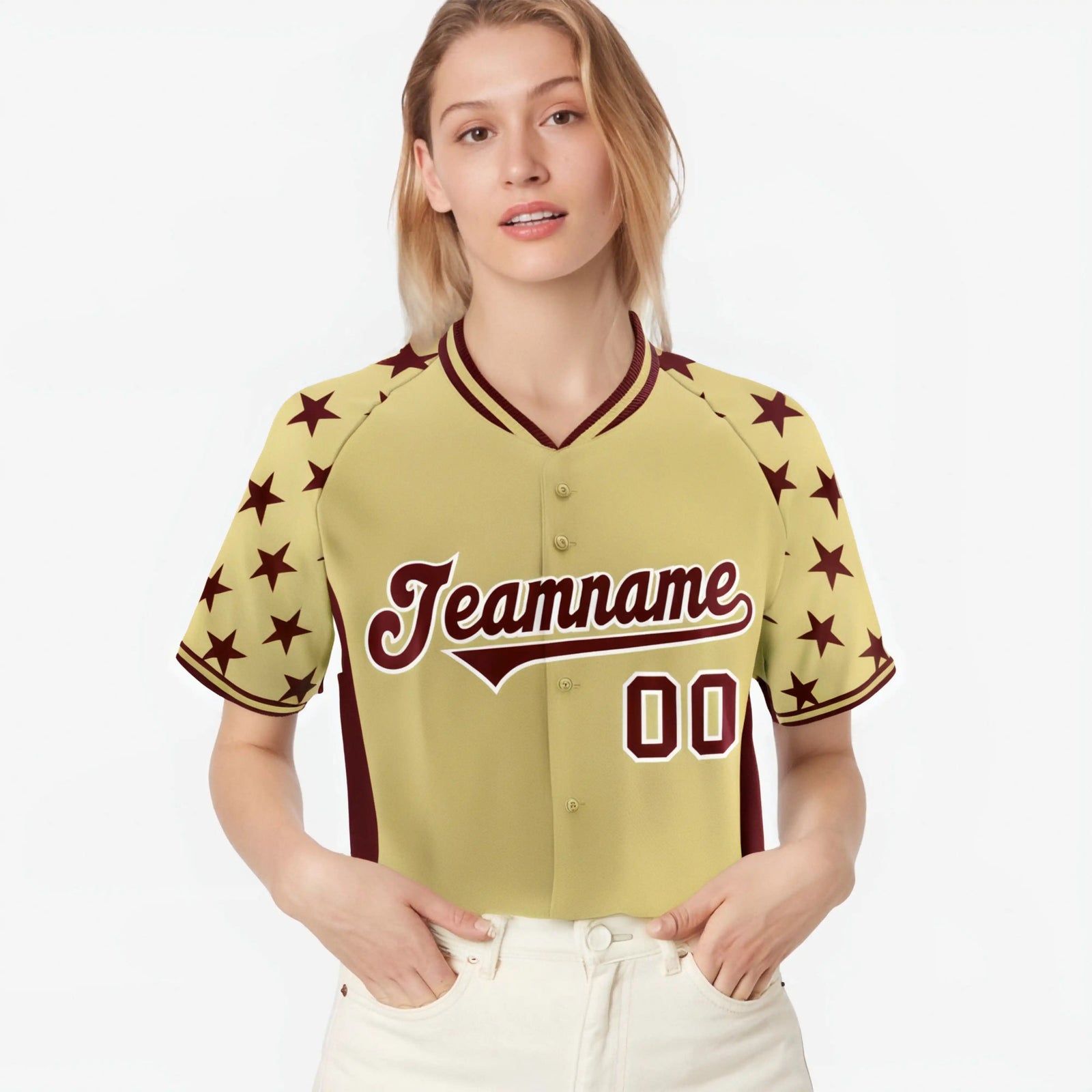 Custom Khaki Crimson Gradient Side Personalized Star Pattern Authentic Baseball Jersey