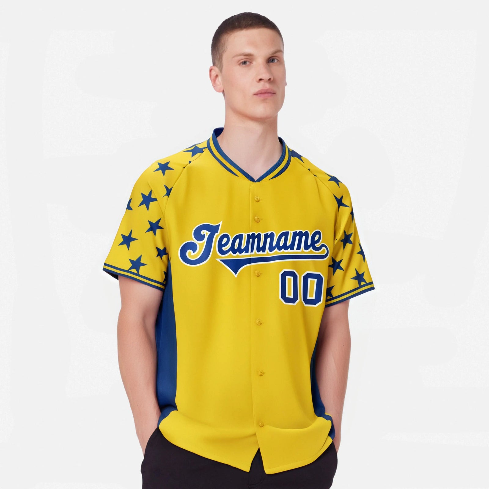 Custom Gold Royal Blue Gradient Side Personalized Star Pattern Authentic Baseball Jersey
