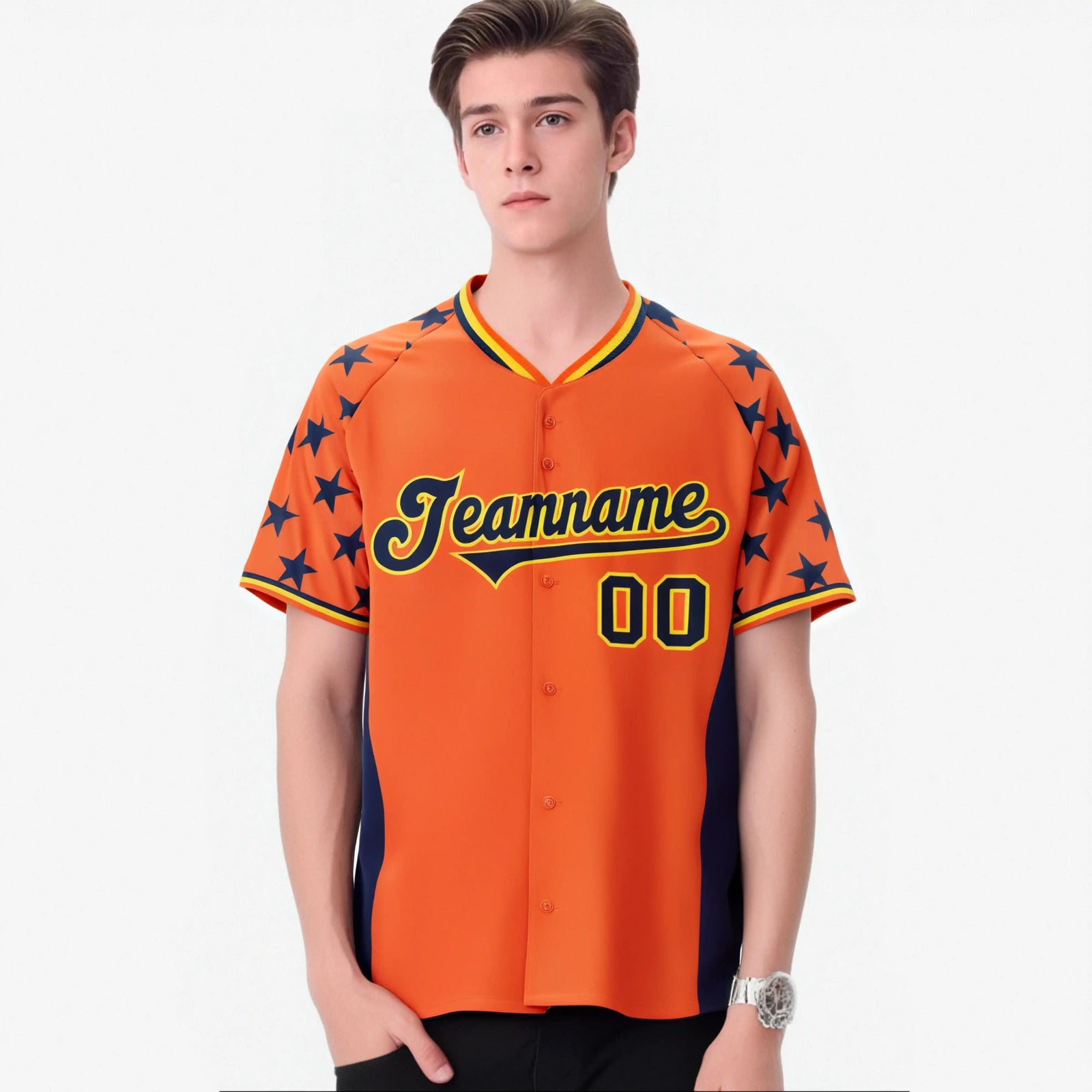 Custom Orange Navy Gradient Side Personalized Star Pattern Authentic Baseball Jersey