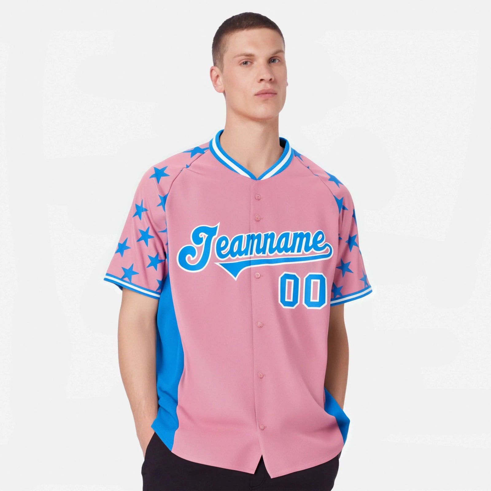 Custom Light Pink Powder Blue Gradient Side Personalized Star Pattern Authentic Baseball Jersey