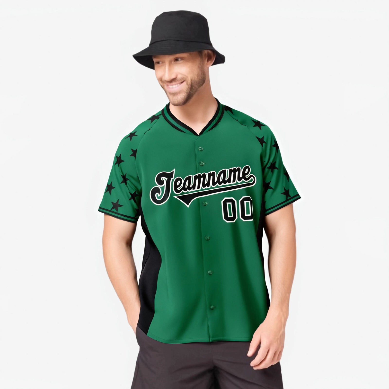 Custom Kelly Green Black Gradient Side Personalized Star Pattern Authentic Baseball Jersey