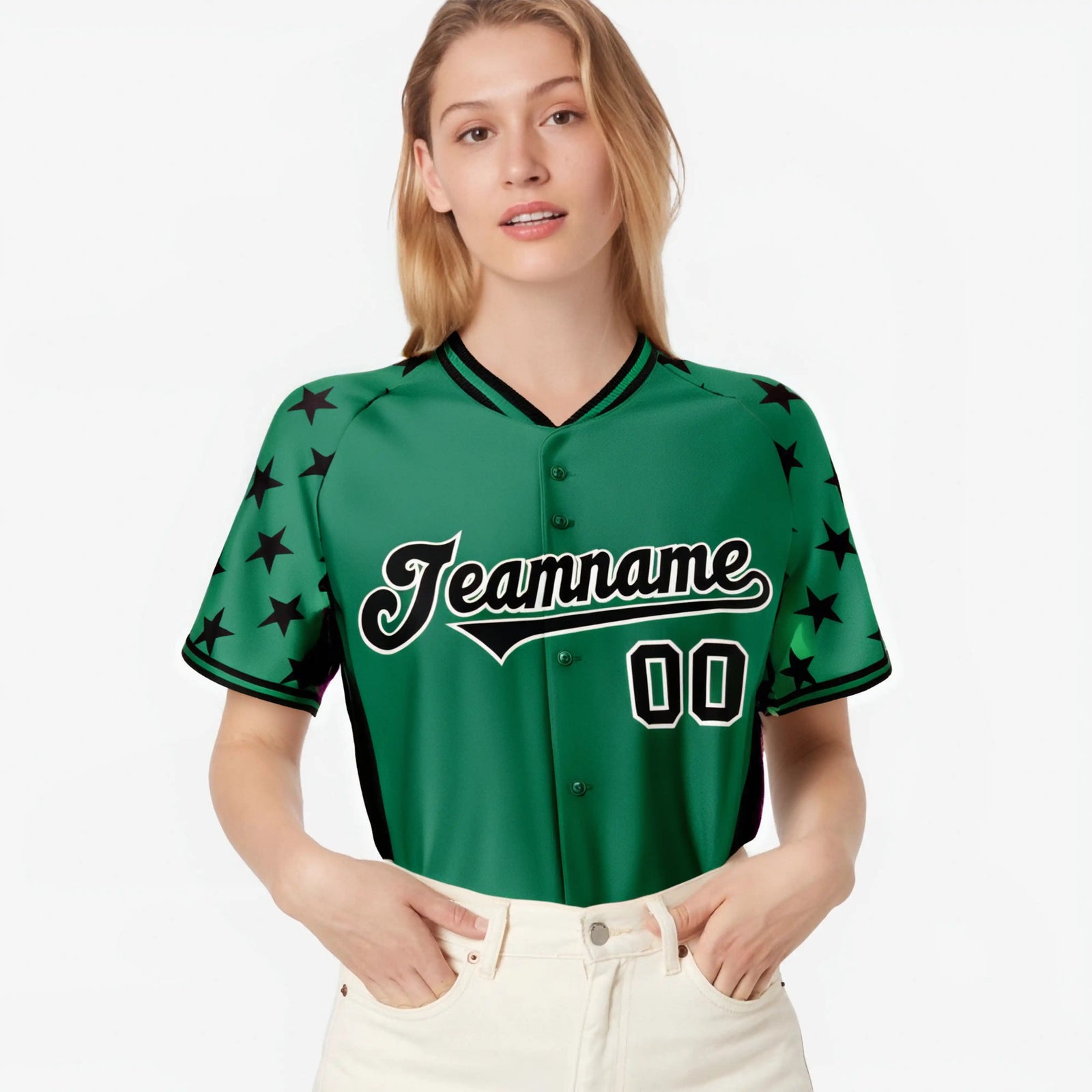 Custom Kelly Green Black Gradient Side Personalized Star Pattern Authentic Baseball Jersey