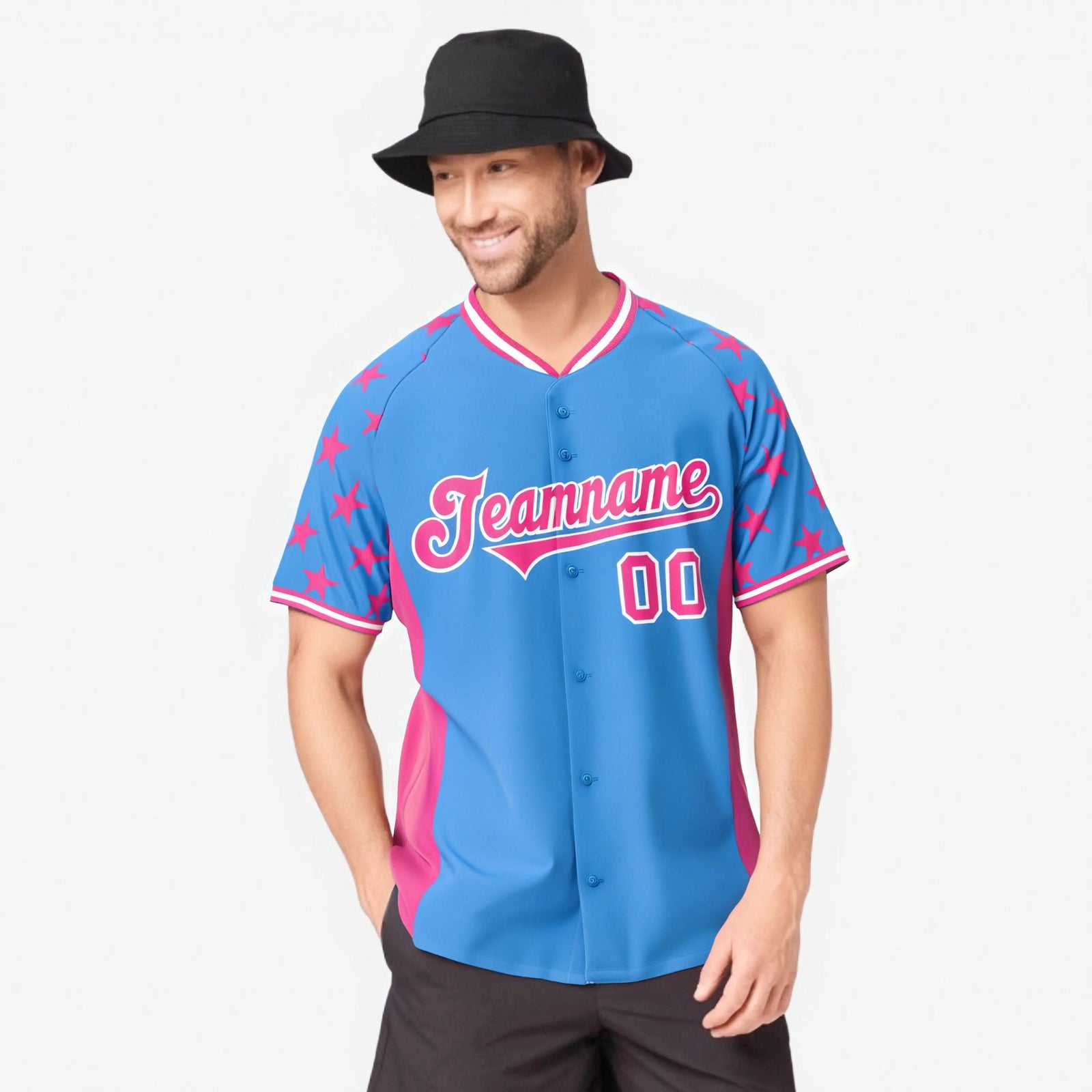 Custom Powder Blue Pink Gradient Side Personalized Star Pattern Authentic Baseball Jersey