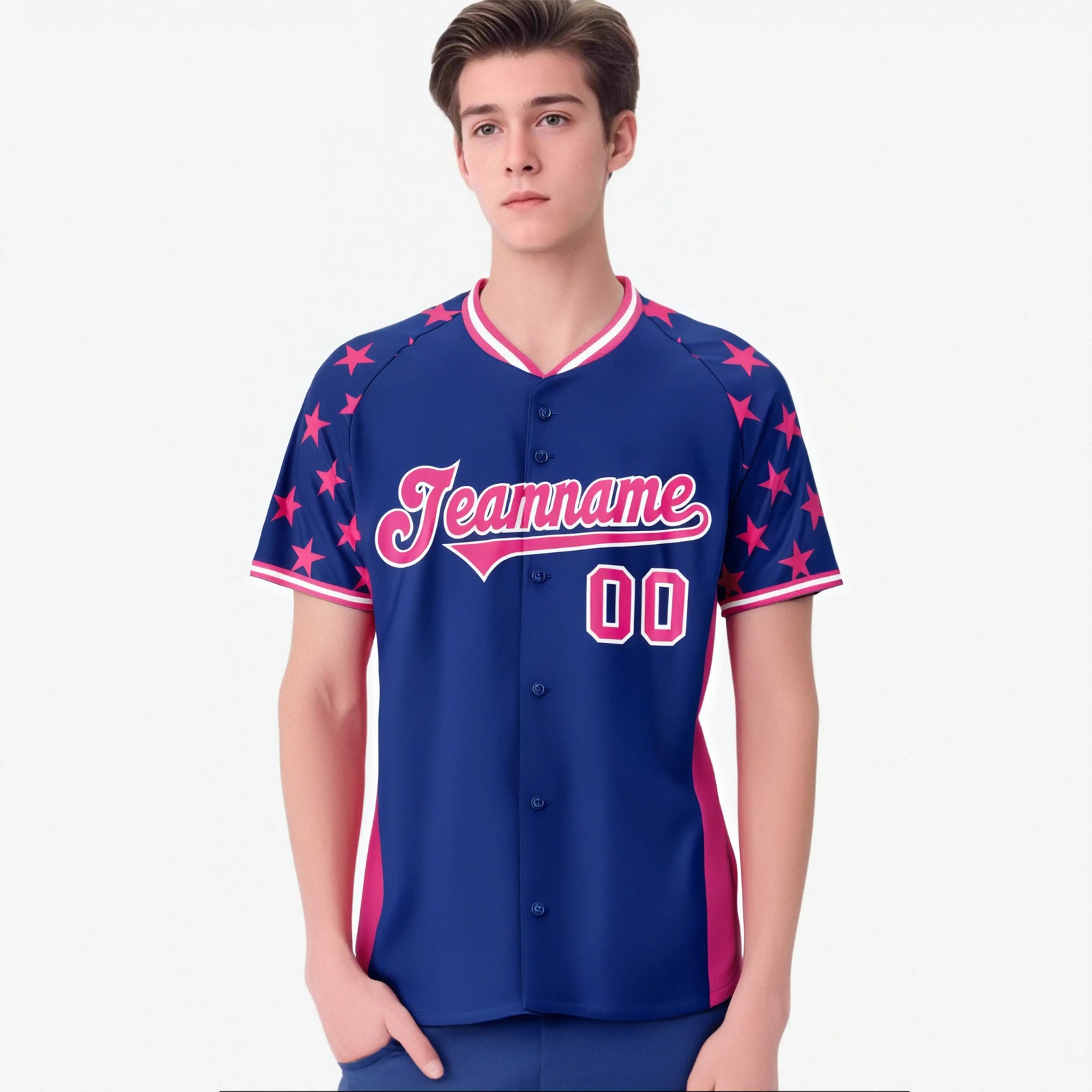 Custom Royal Blue Pink Gradient Side Personalized Star Pattern Authentic Baseball Jersey