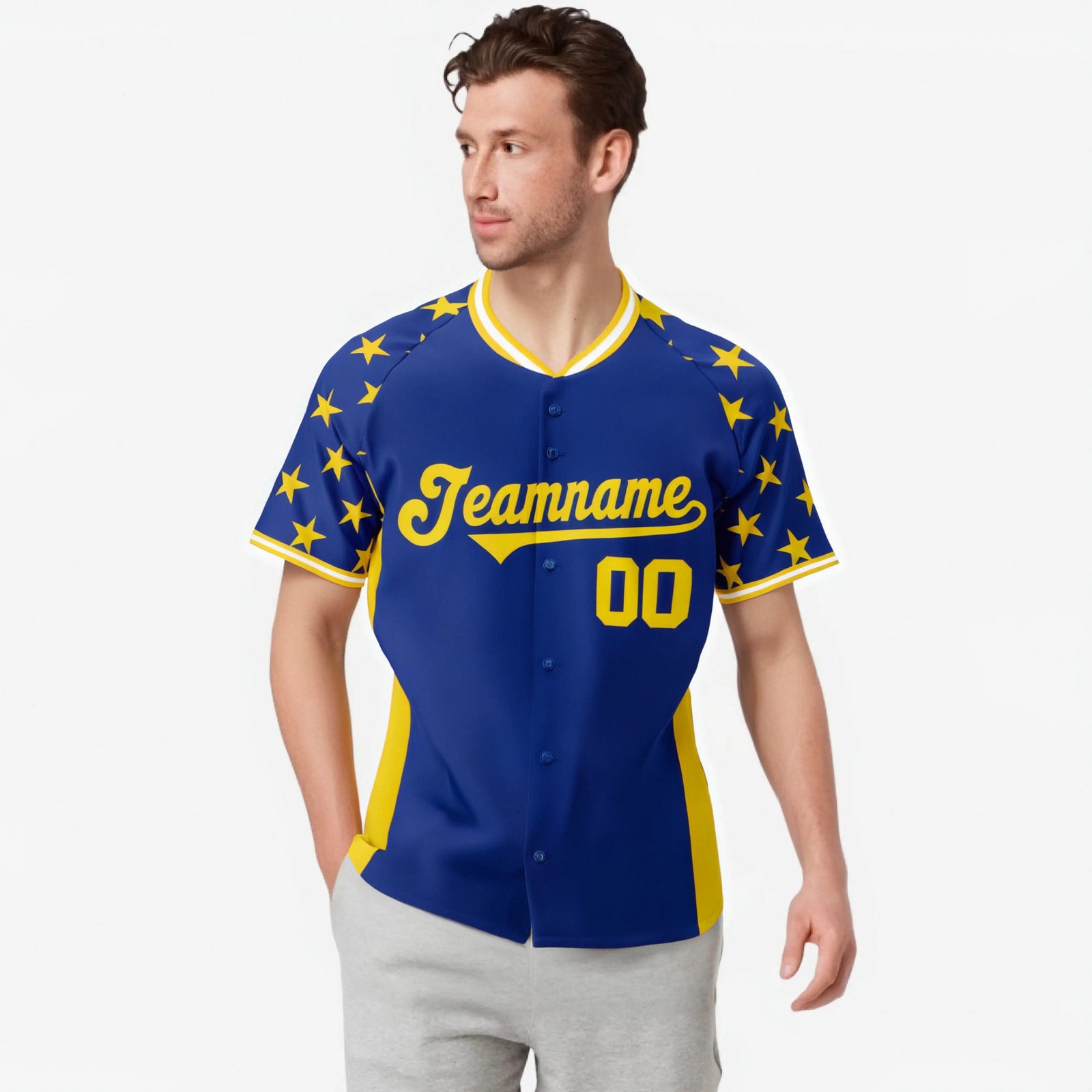 Custom Royal Blue Gold Gradient Side Personalized Star Pattern Authentic Baseball Jersey