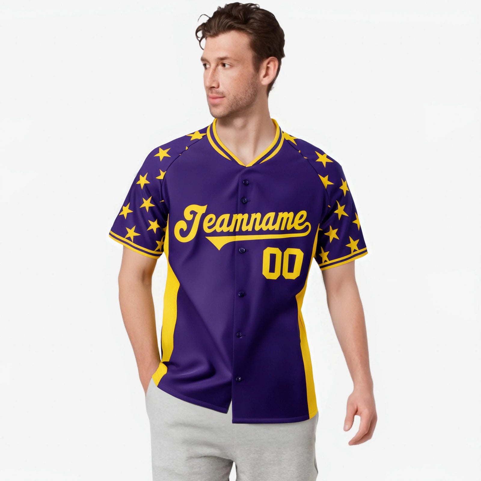 Custom Purple Gold Gradient Side Personalized Star Pattern Authentic Baseball Jersey