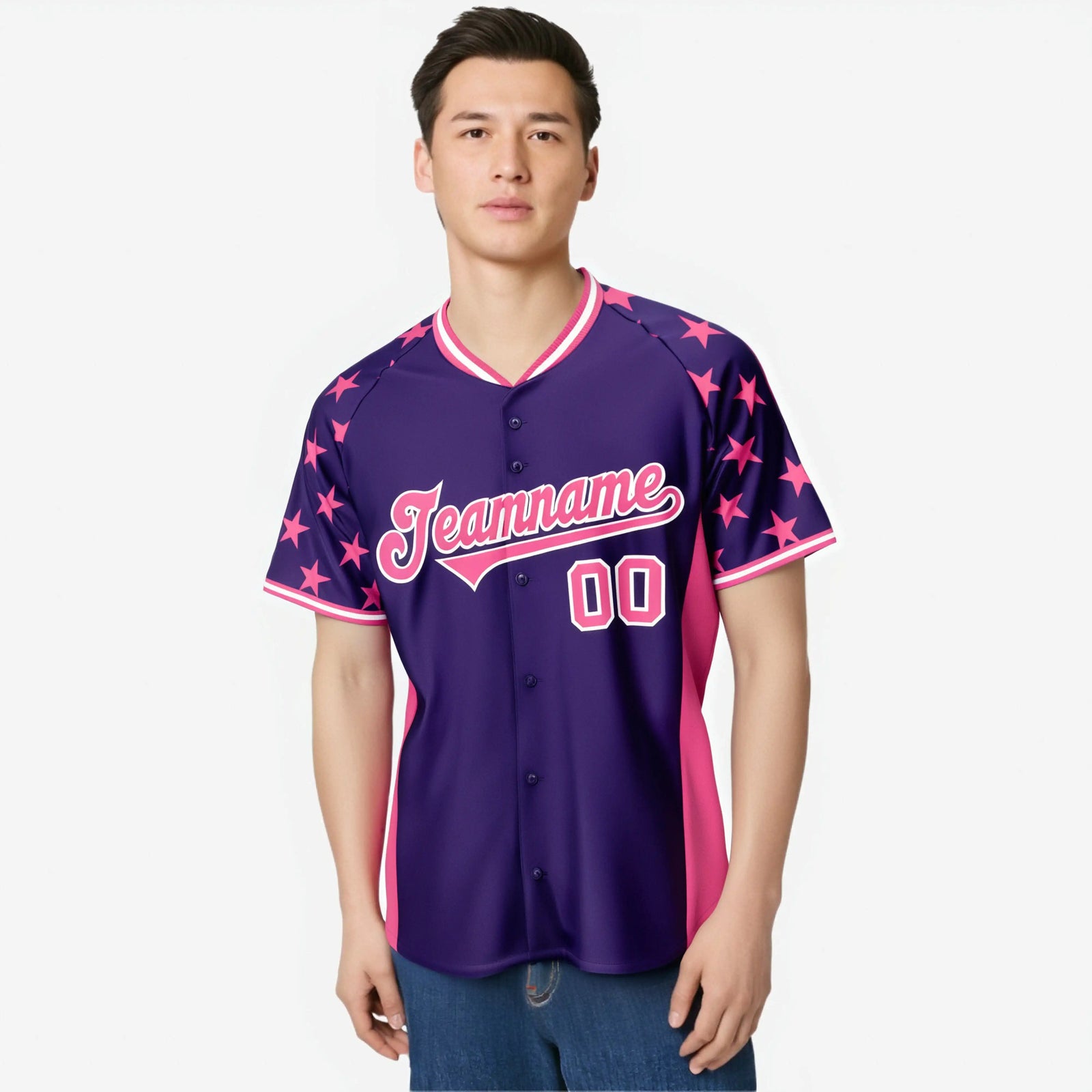 Custom Purple Pink Gradient Side Personalized Star Pattern Authentic Baseball Jersey