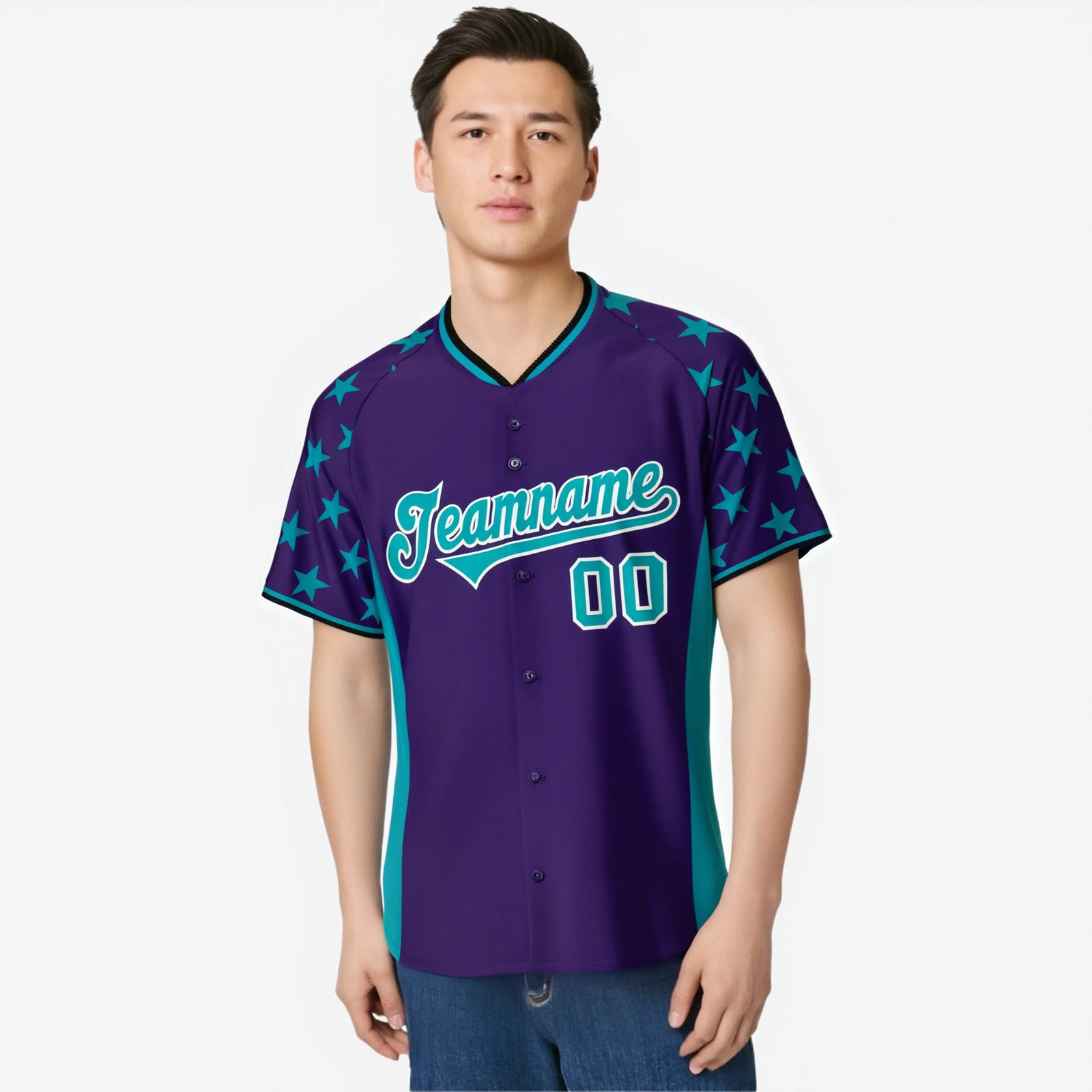 Custom Purple Aqua Gradient Side Personalized Star Pattern Authentic Baseball Jersey