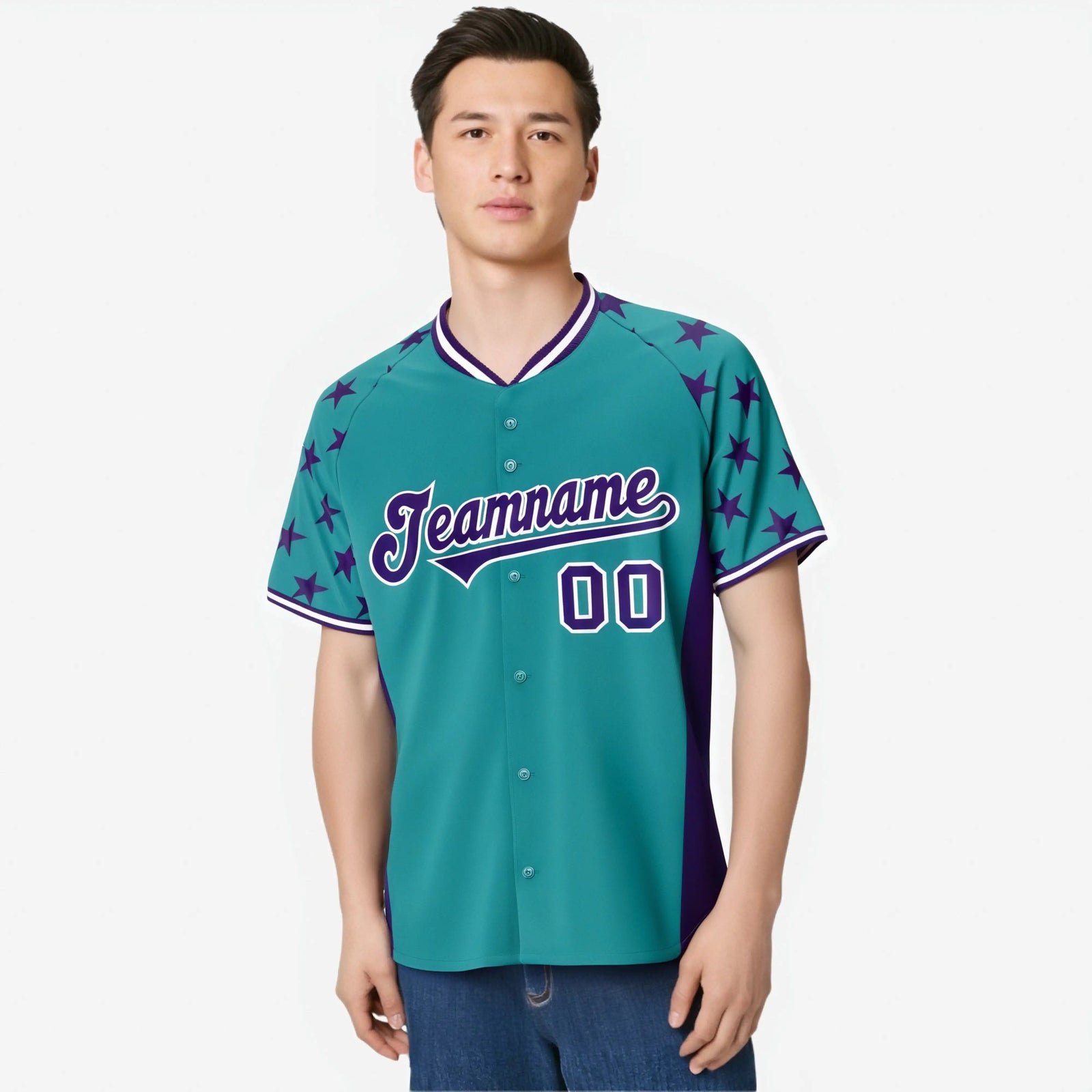 Custom Aqua Purple Gradient Side Personalized Star Pattern Authentic Baseball Jersey