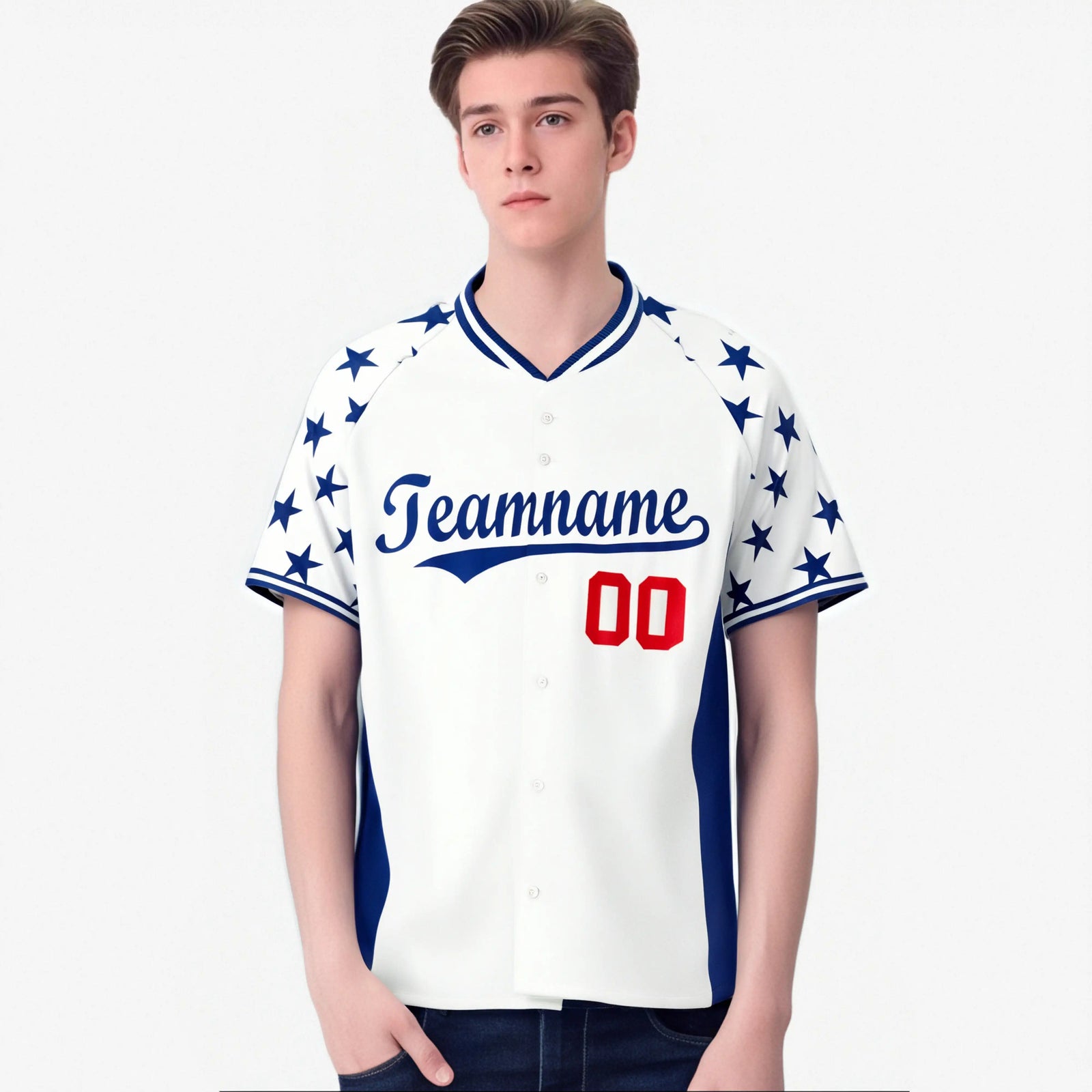 Custom White Royal Blue Gradient Side Personalized Star Pattern Authentic Baseball Jersey