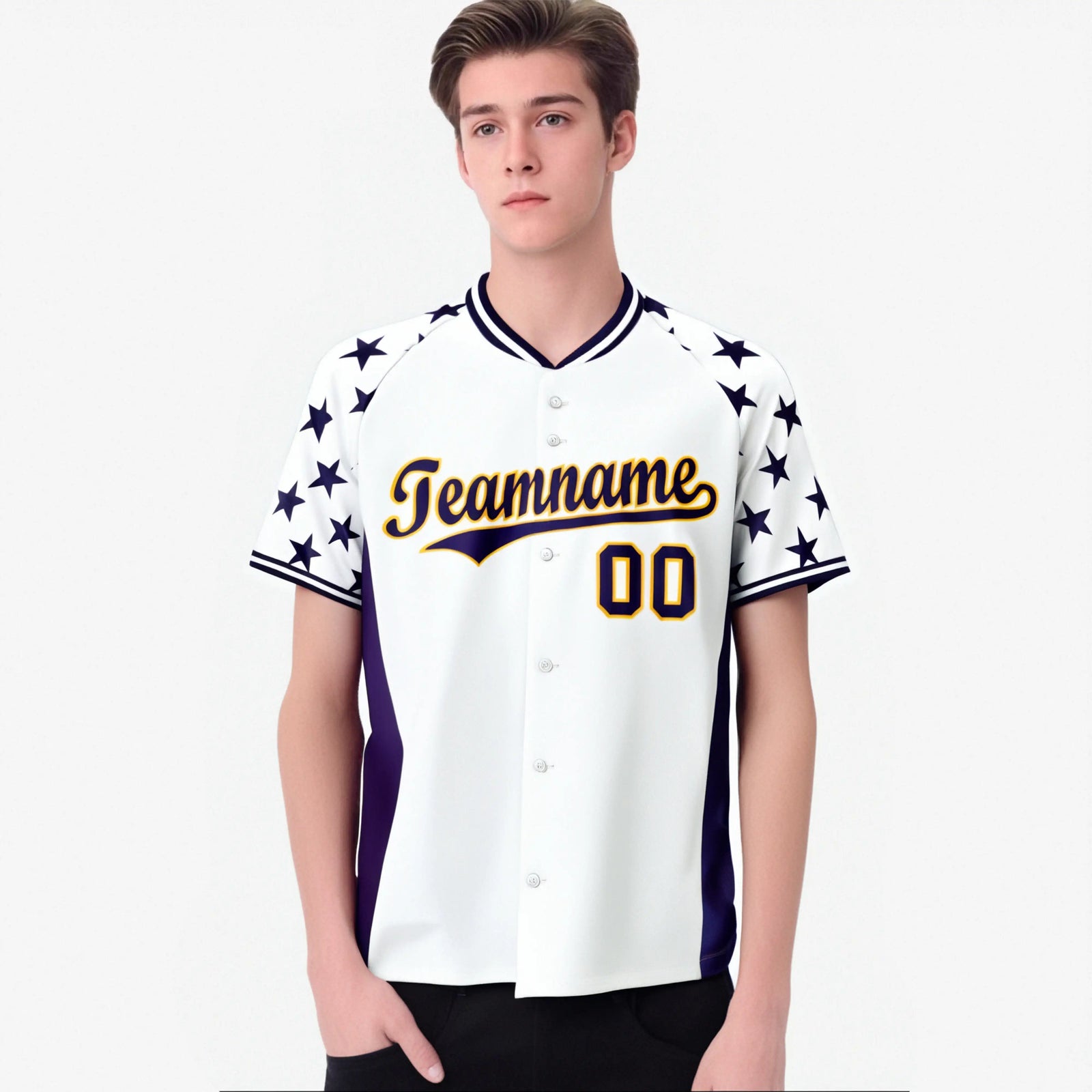 Custom White Purple Gradient Side Personalized Star Pattern Authentic Baseball Jersey