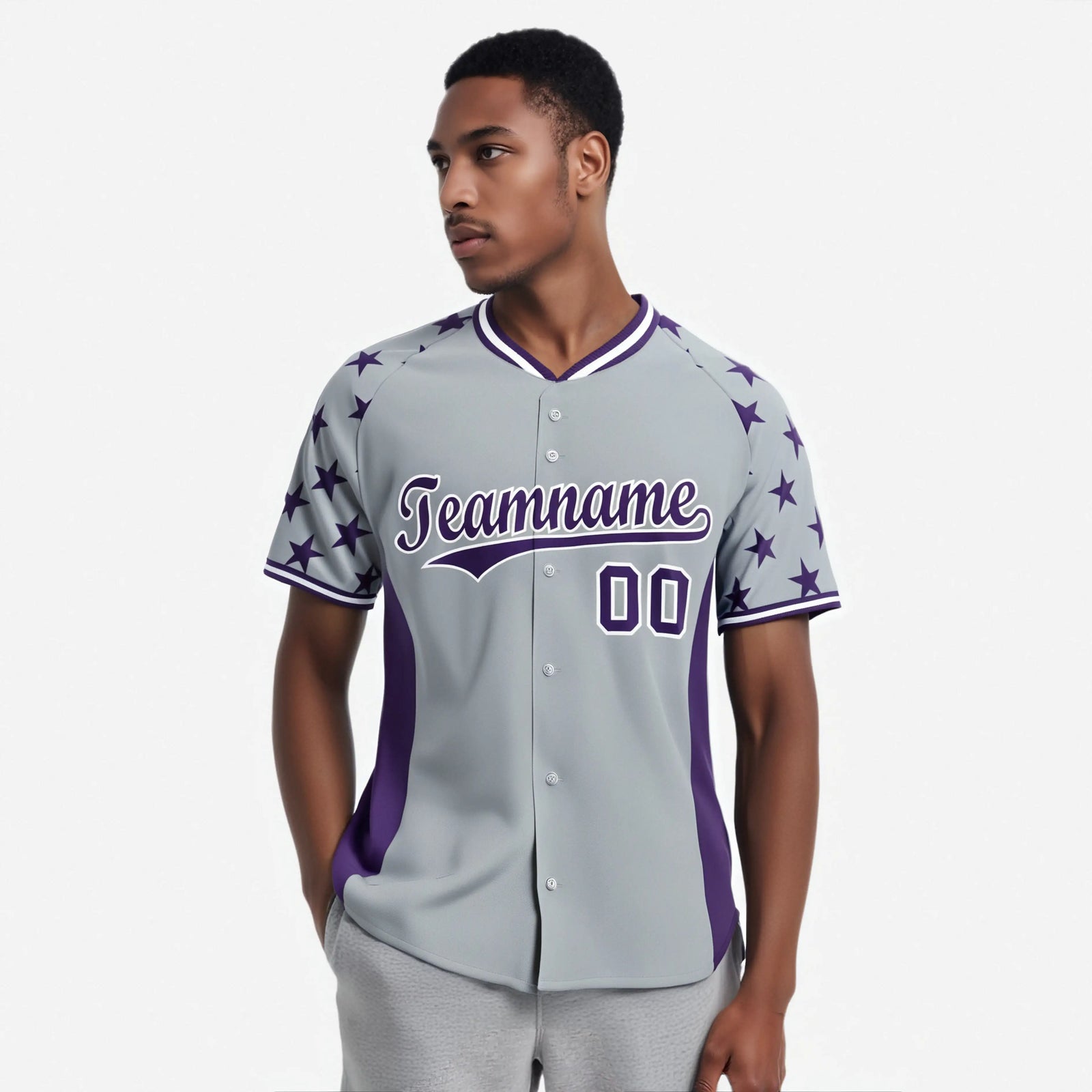 Custom Gray Purple Gradient Side Personalized Star Pattern Authentic Baseball Jersey