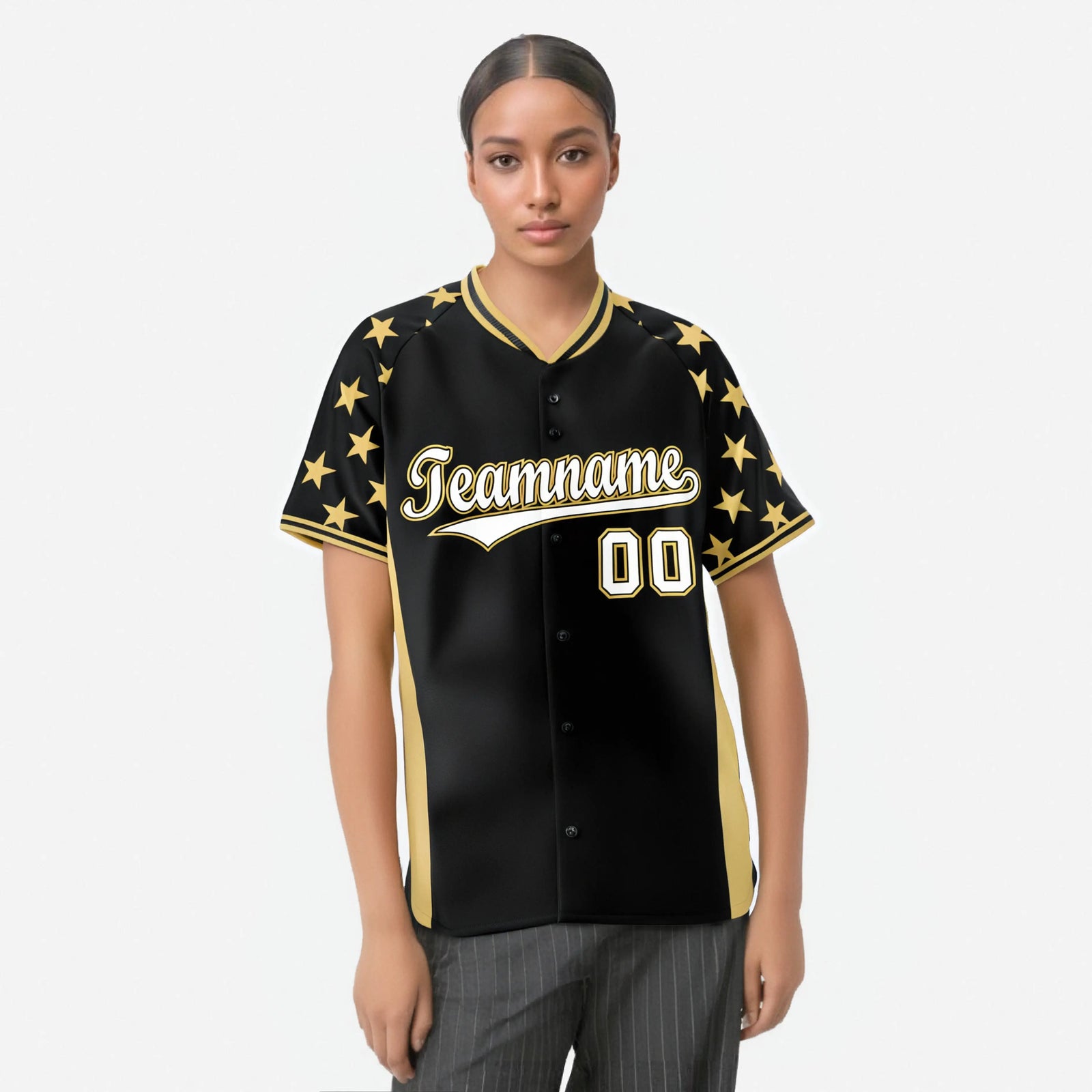 Custom Black Old Gold Gradient Side Personalized Star Pattern Authentic Baseball Jersey