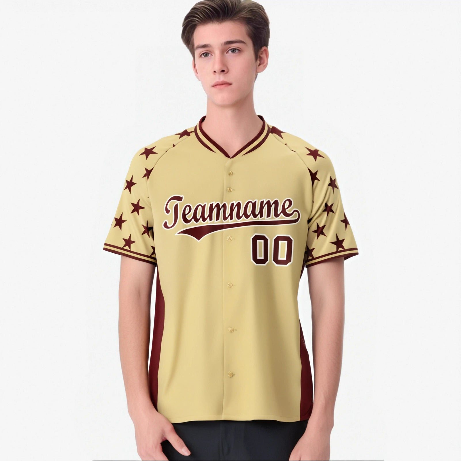 Custom Khaki Crimson Gradient Side Personalized Star Pattern Authentic Baseball Jersey
