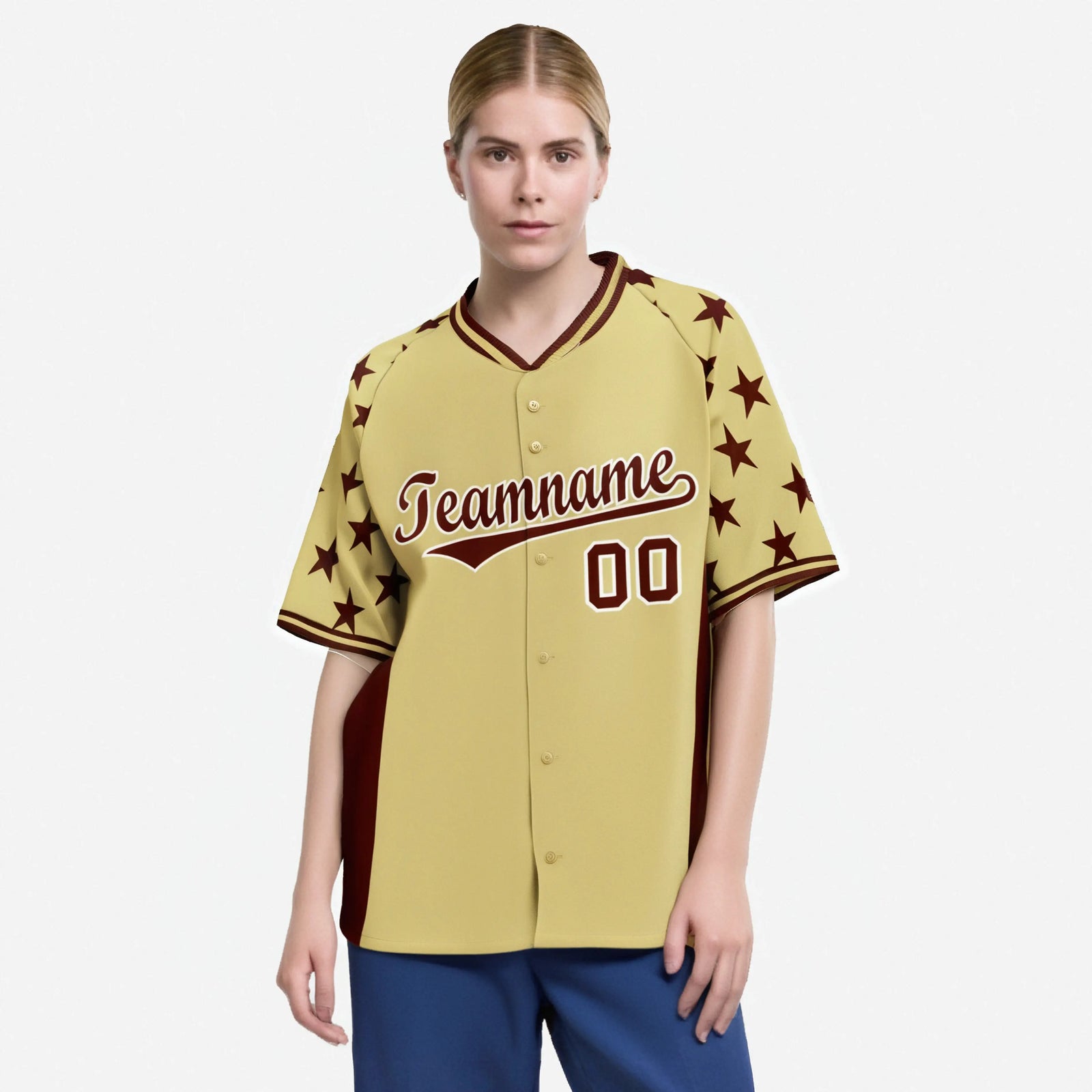 Custom Khaki Crimson Gradient Side Personalized Star Pattern Authentic Baseball Jersey