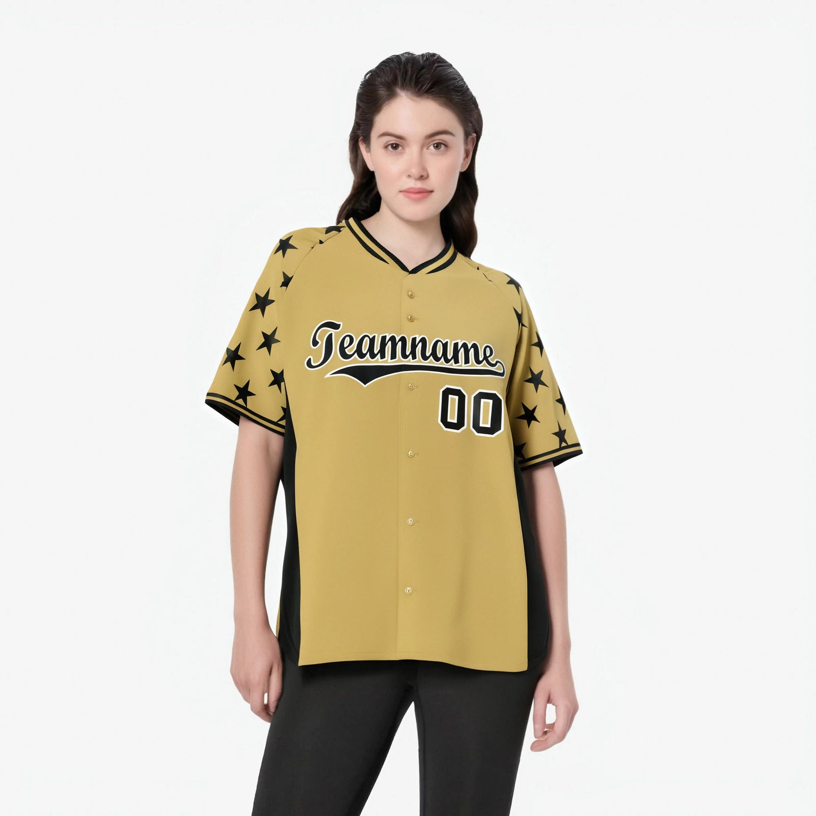 Custom Khaki Black Gradient Side Personalized Star Pattern Authentic Baseball Jersey