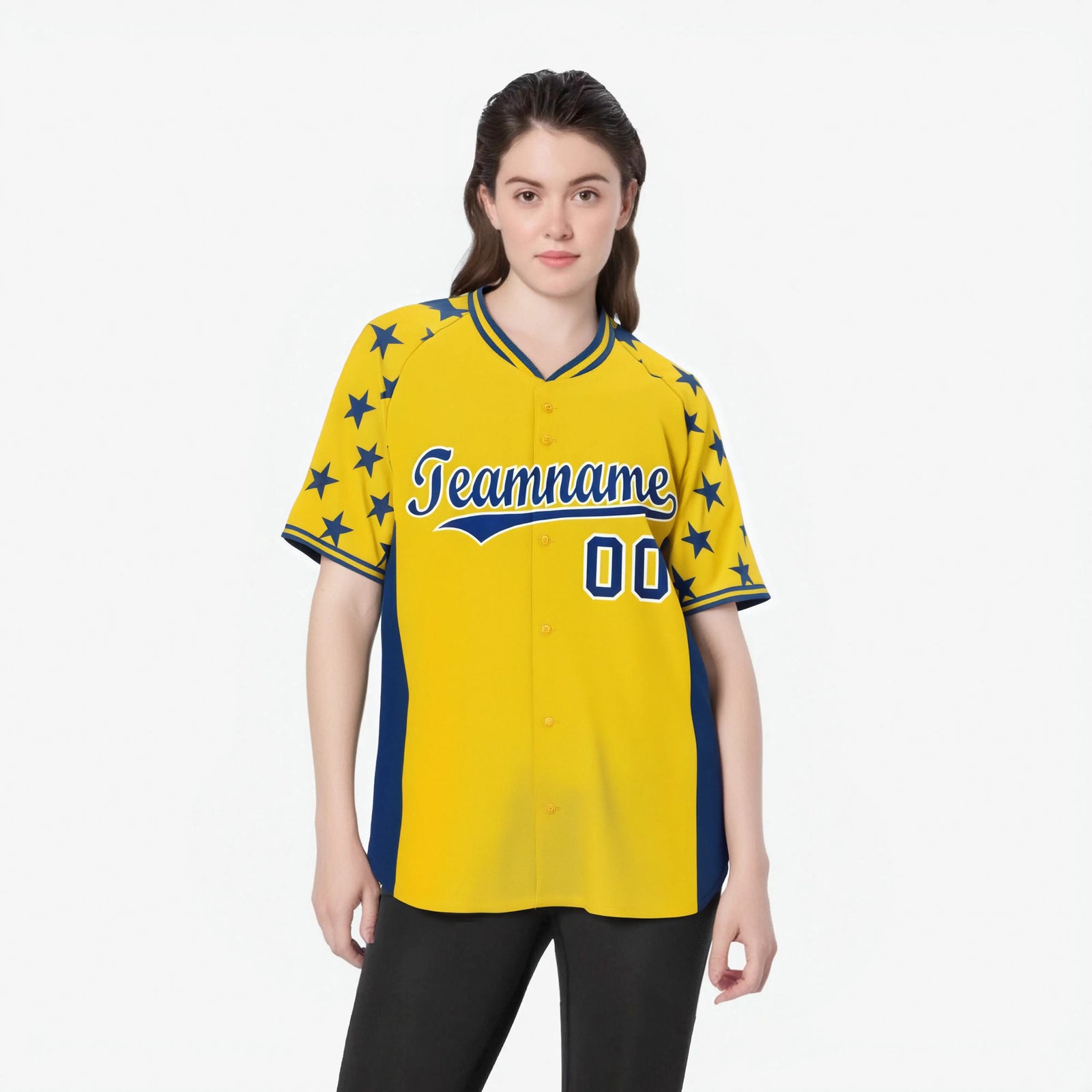 Custom Gold Royal Blue Gradient Side Personalized Star Pattern Authentic Baseball Jersey