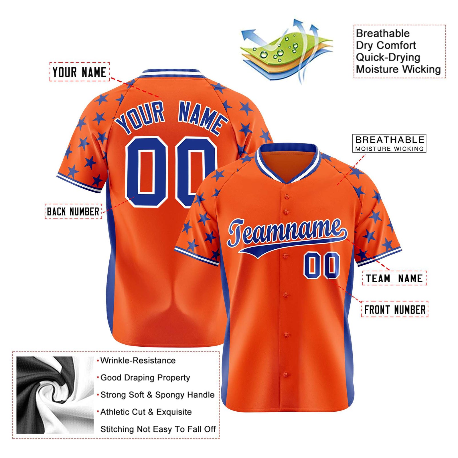 Custom Orange Royal Blue Gradient Side Personalized Star Pattern Authentic Baseball Jersey