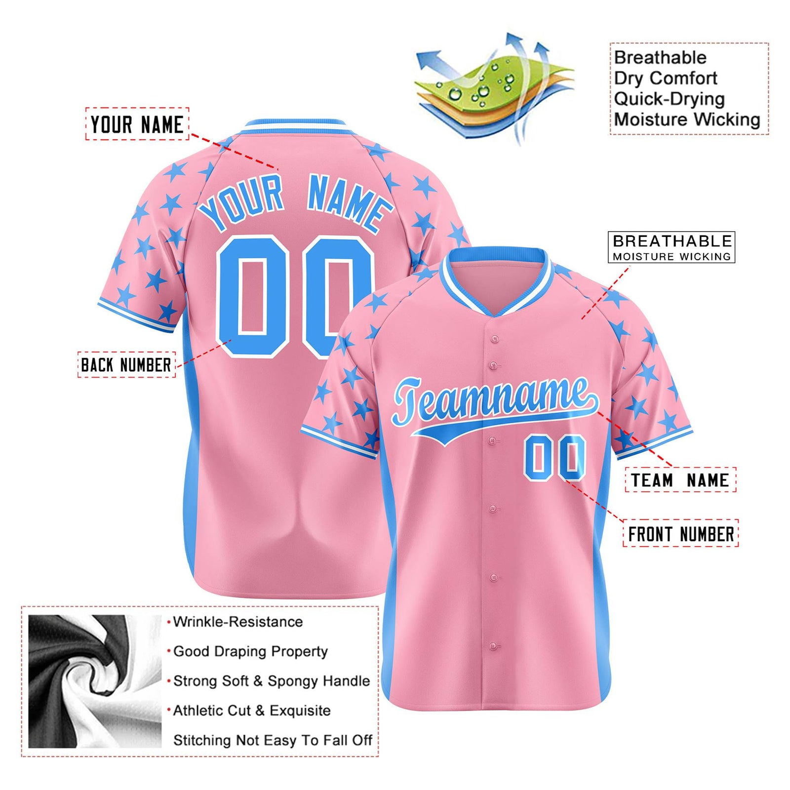 Custom Light Pink Powder Blue Gradient Side Personalized Star Pattern Authentic Baseball Jersey