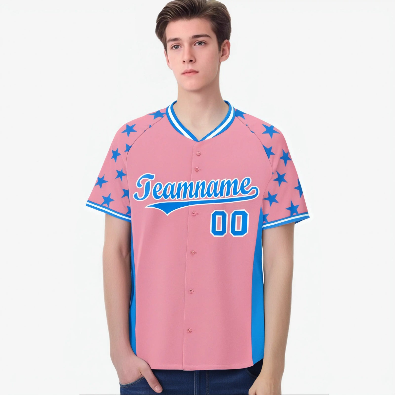 Custom Light Pink Powder Blue Gradient Side Personalized Star Pattern Authentic Baseball Jersey