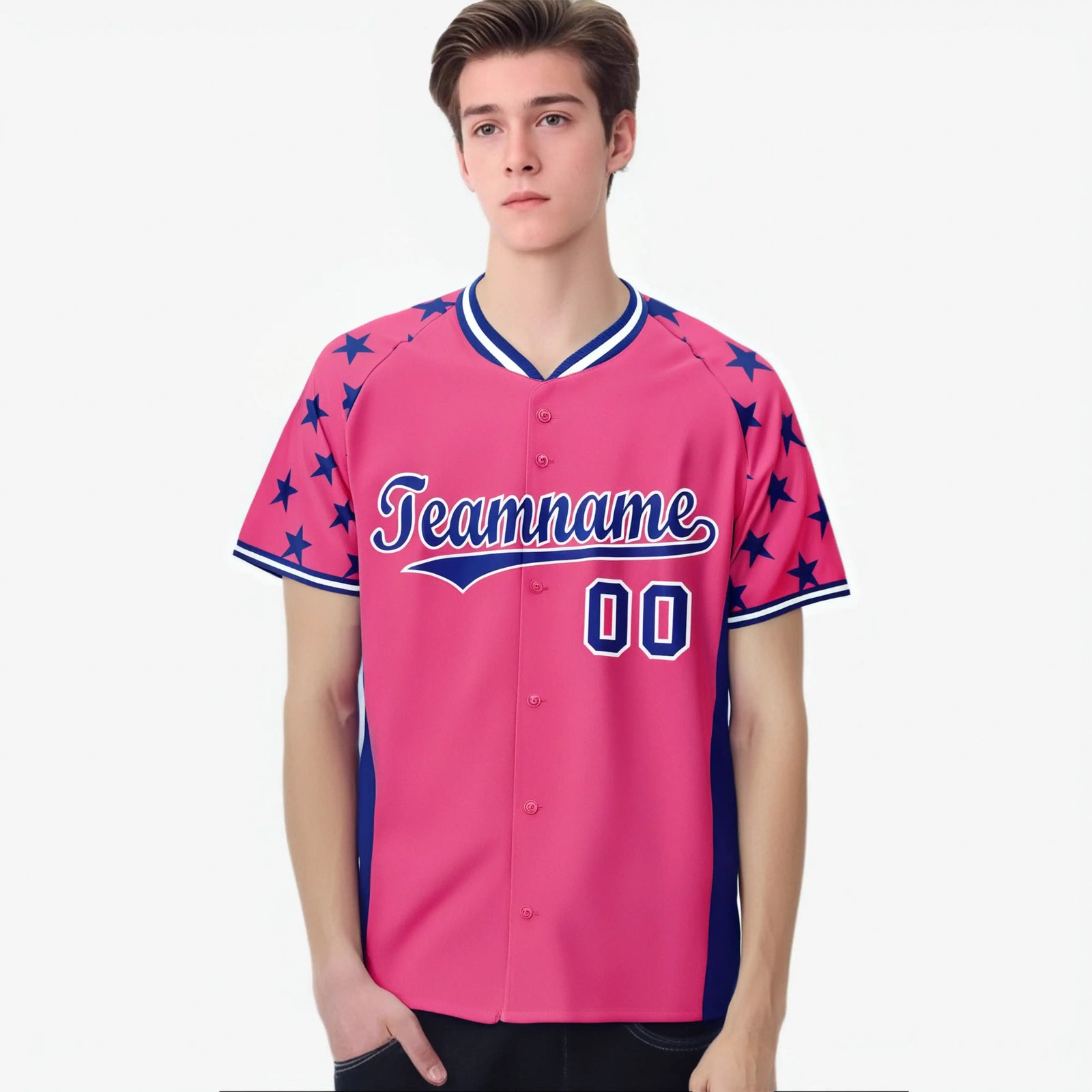 Custom Pink Royal Blue Gradient Side Personalized Star Pattern Authentic Baseball Jersey