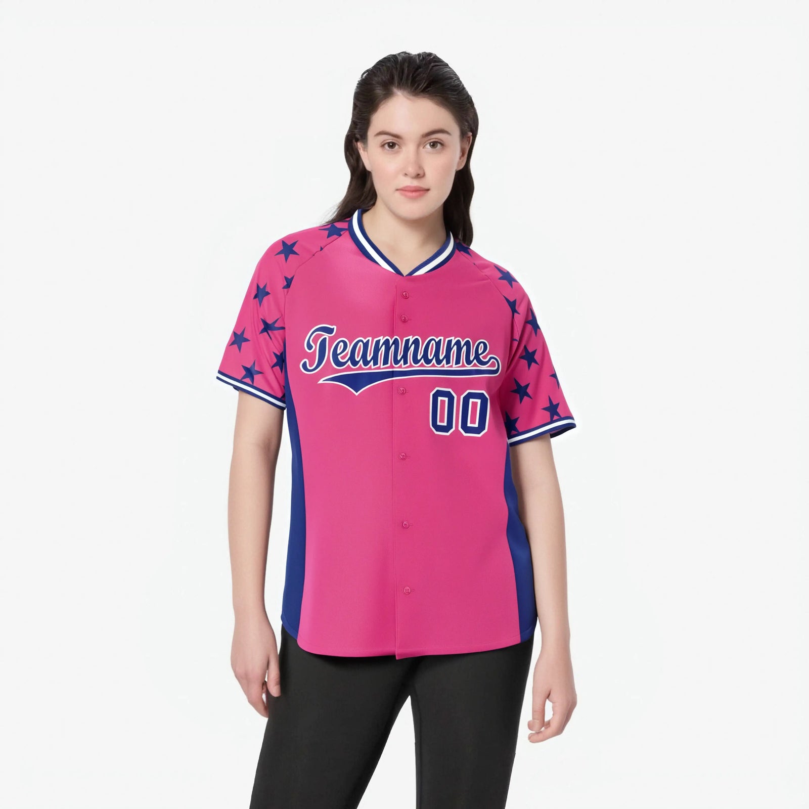 Custom Pink Royal Blue Gradient Side Personalized Star Pattern Authentic Baseball Jersey