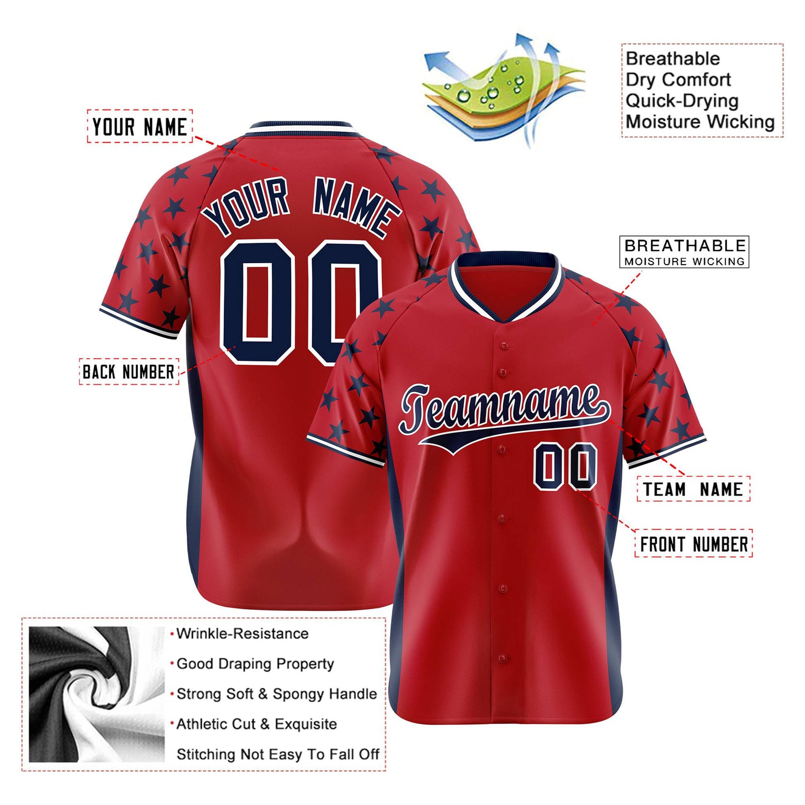Custom Red Navy Gradient Side Personalized Star Pattern Authentic Baseball Jersey