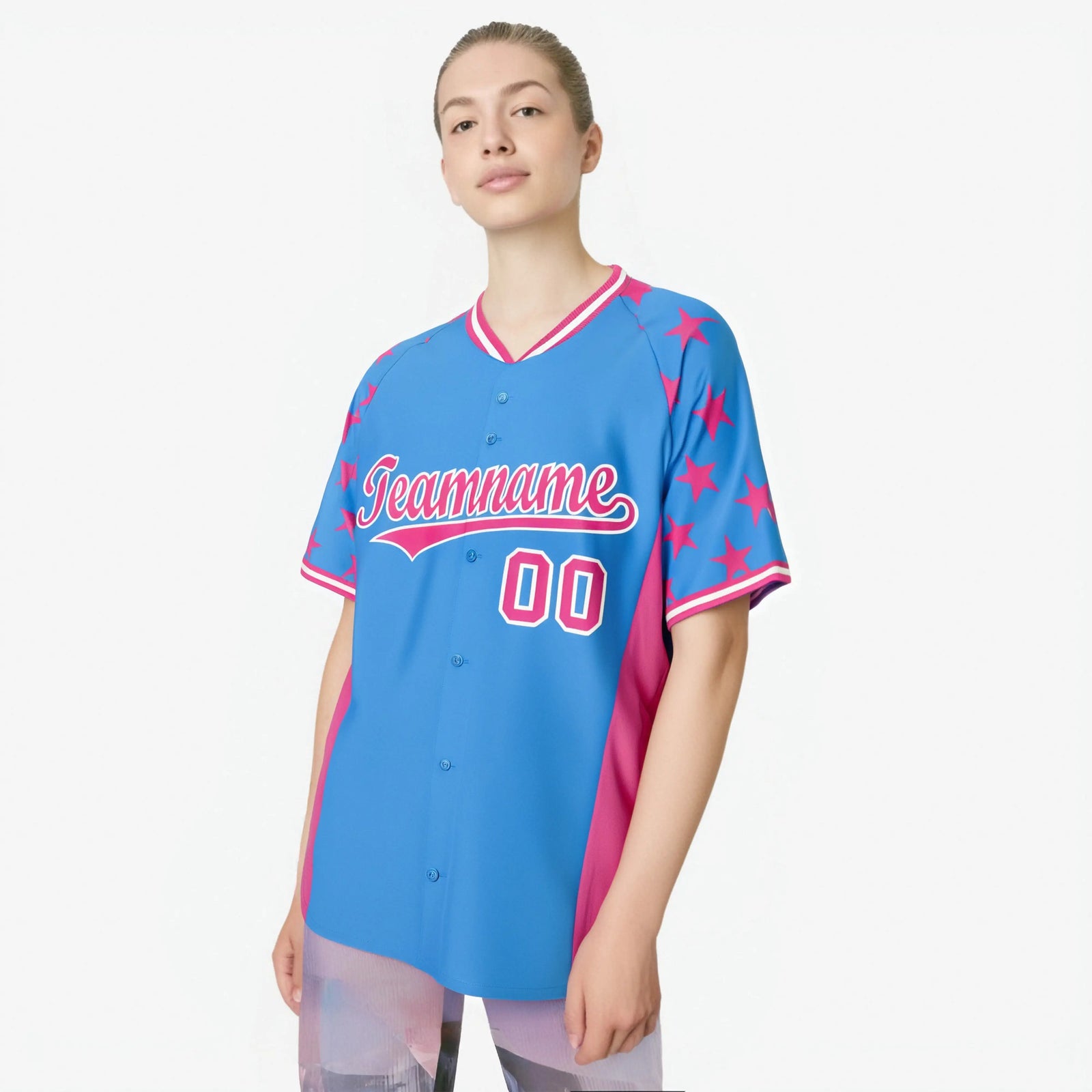 Custom Powder Blue Pink Gradient Side Personalized Star Pattern Authentic Baseball Jersey