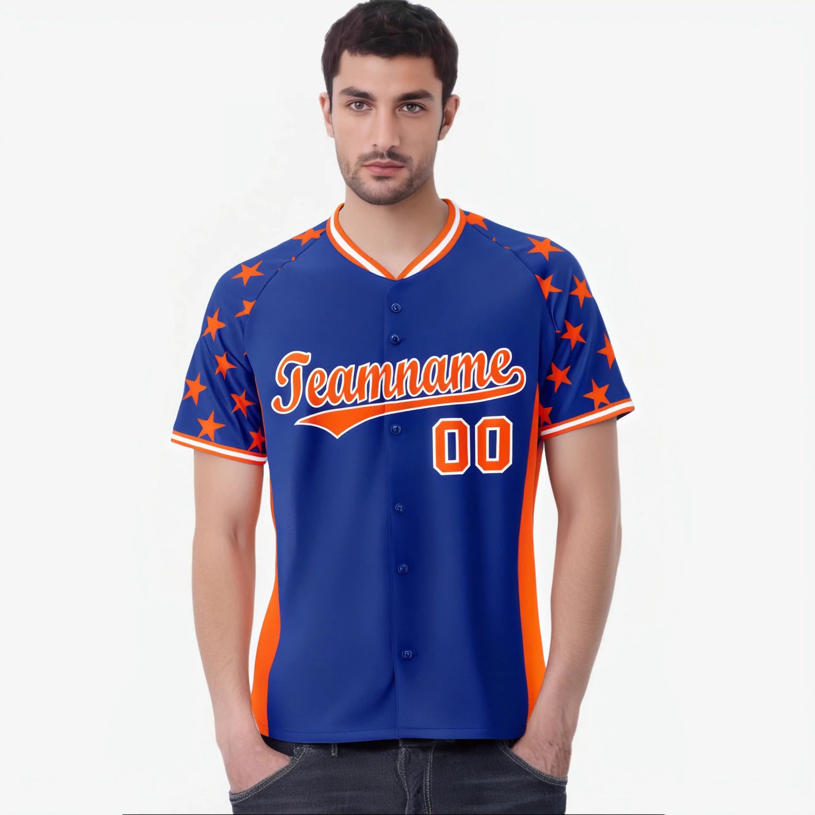 Custom Royal Blue Orange Gradient Side Personalized Star Pattern Authentic Baseball Jersey