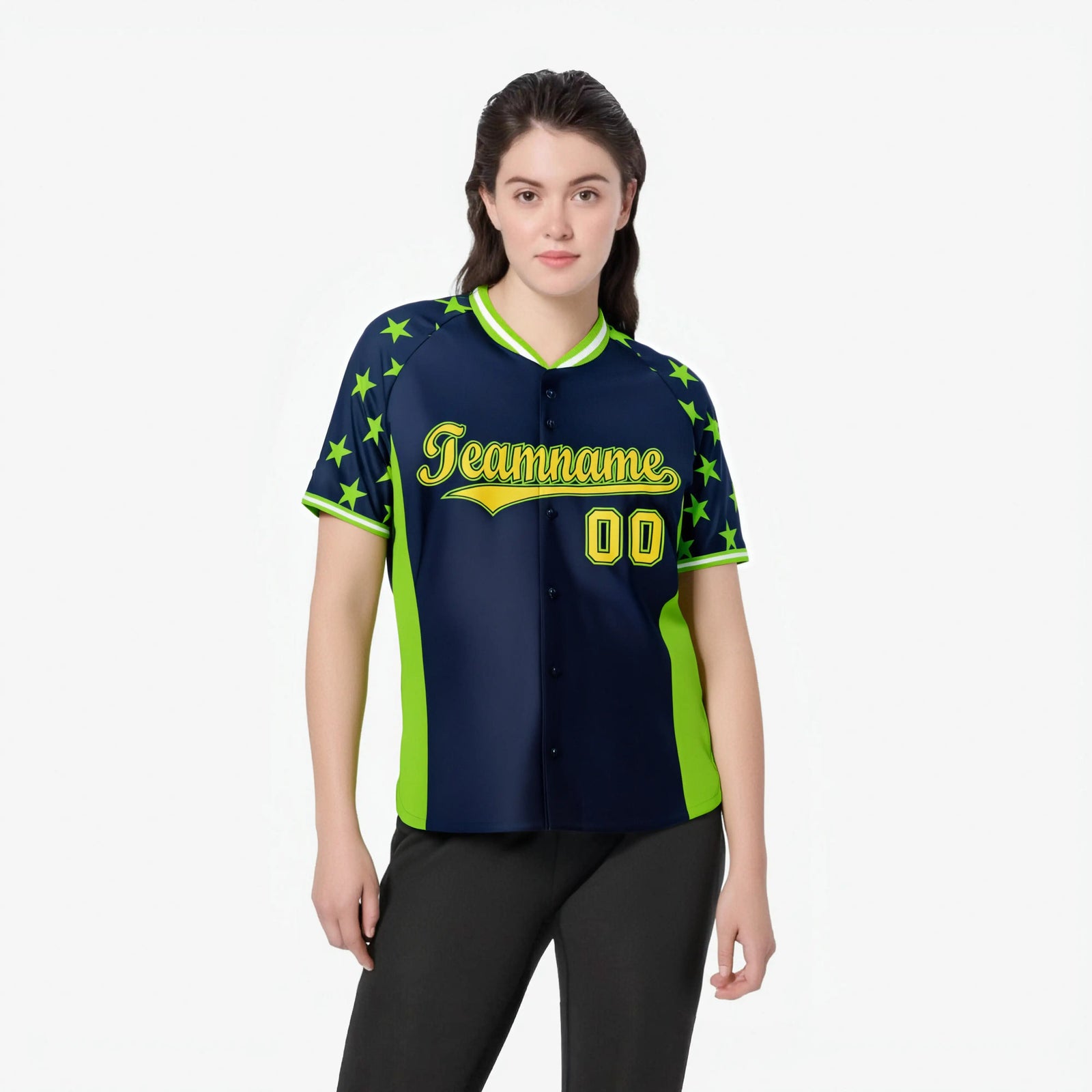 Custom Navy Neon Green Gradient Side Personalized Star Pattern Authentic Baseball Jersey