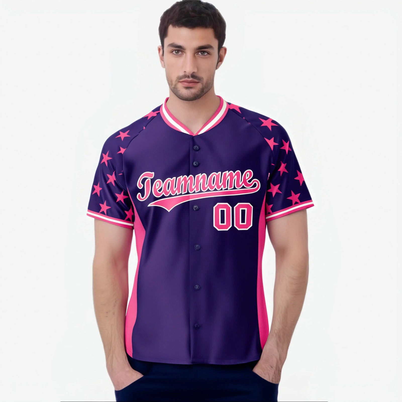 Custom Purple Pink Gradient Side Personalized Star Pattern Authentic Baseball Jersey