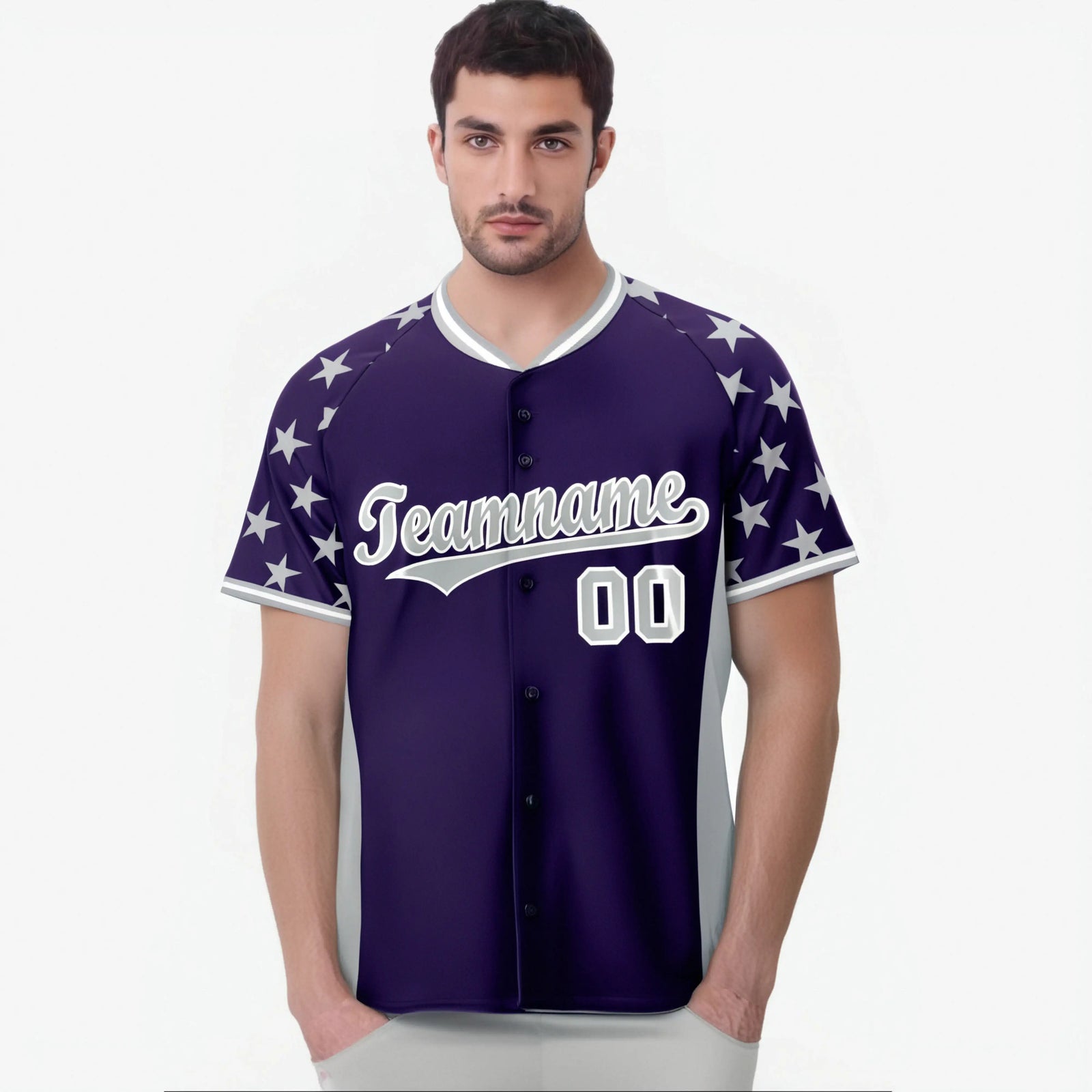 Custom Purple Gray Gradient Side Personalized Star Pattern Authentic Baseball Jersey