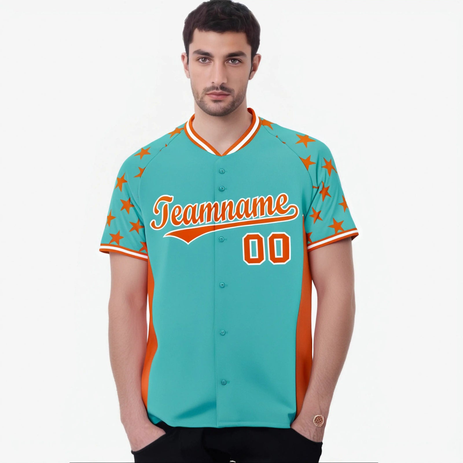 Custom Aqua Orange Gradient Side Personalized Star Pattern Authentic Baseball Jersey