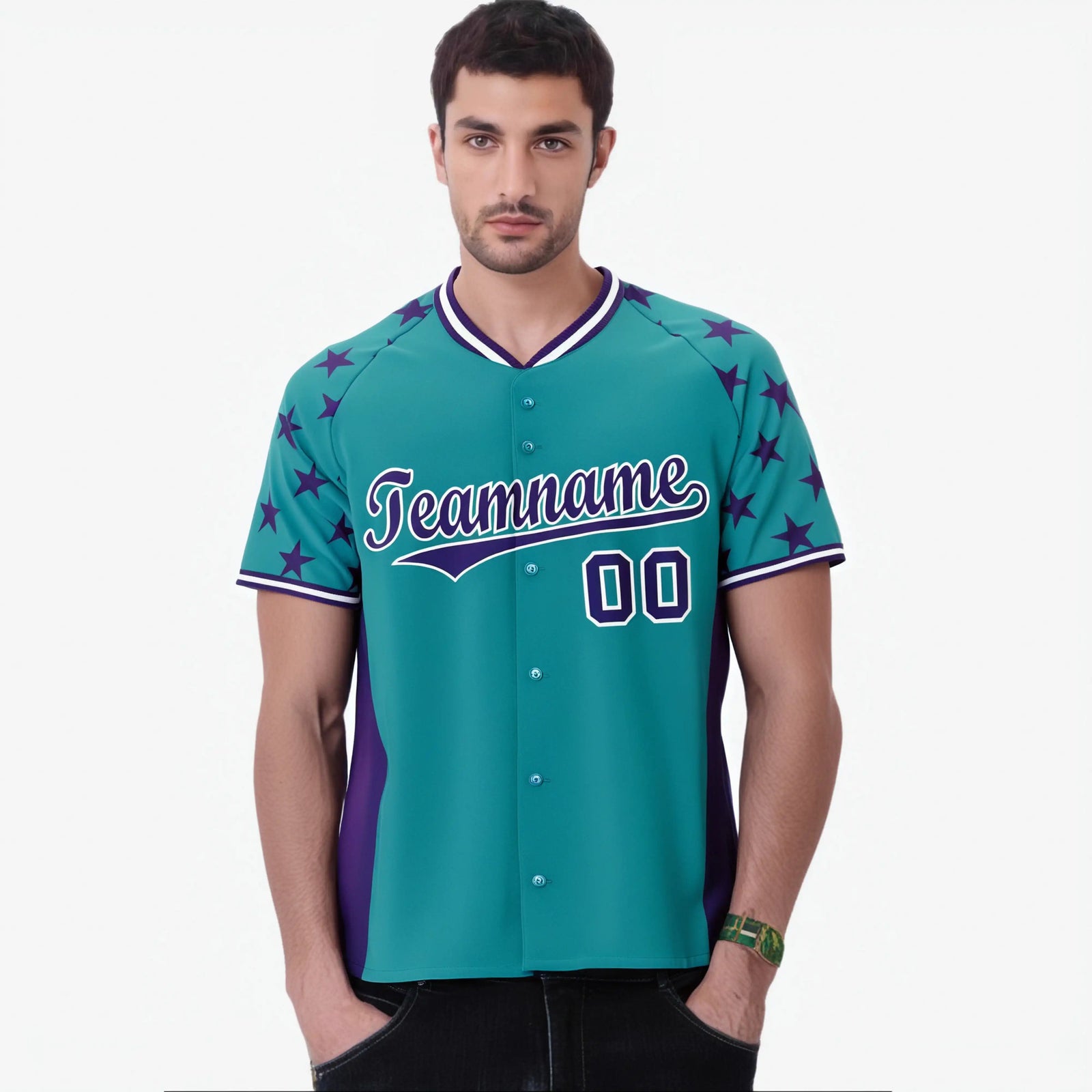 Custom Aqua Purple Gradient Side Personalized Star Pattern Authentic Baseball Jersey