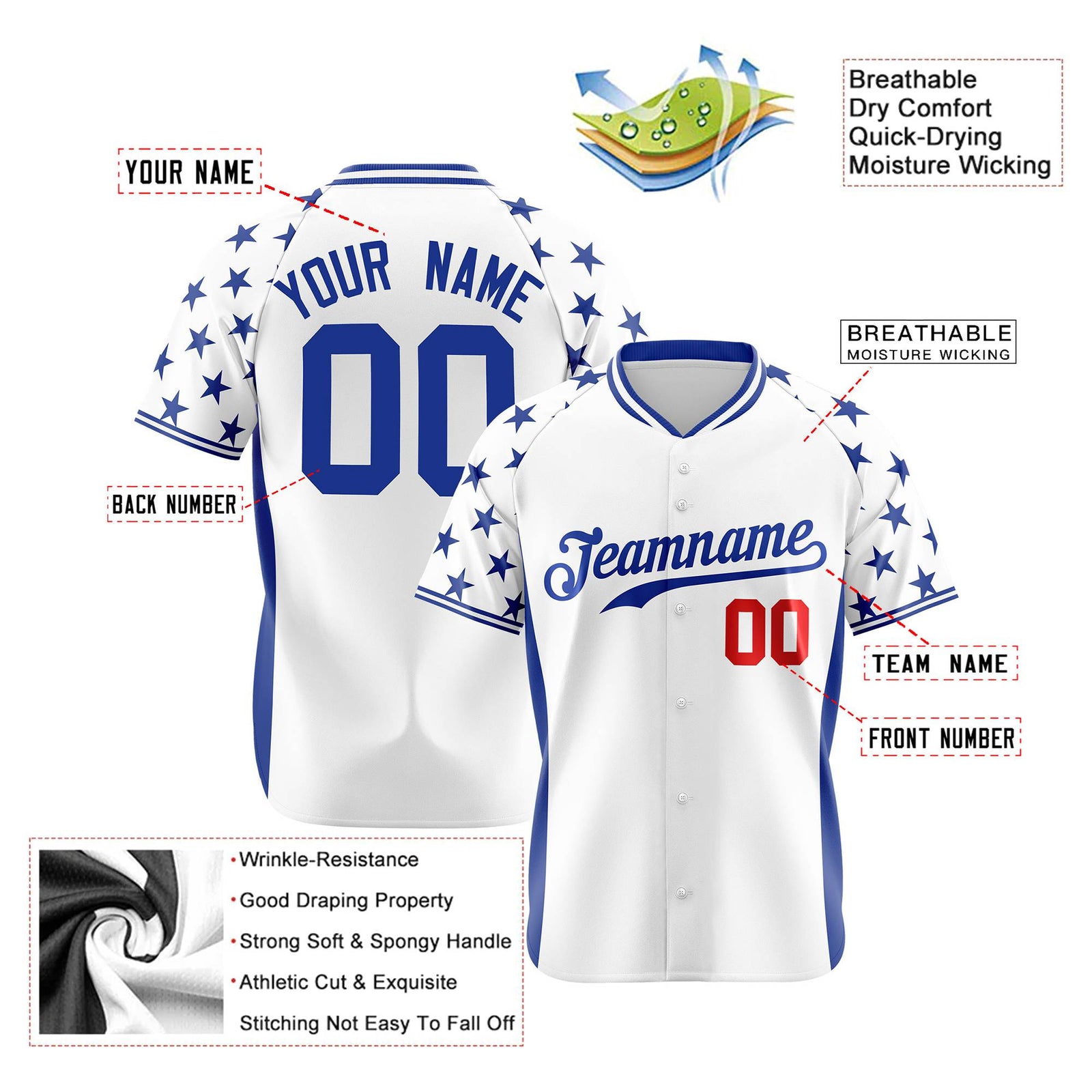 Custom White Royal Blue Gradient Side Personalized Star Pattern Authentic Baseball Jersey