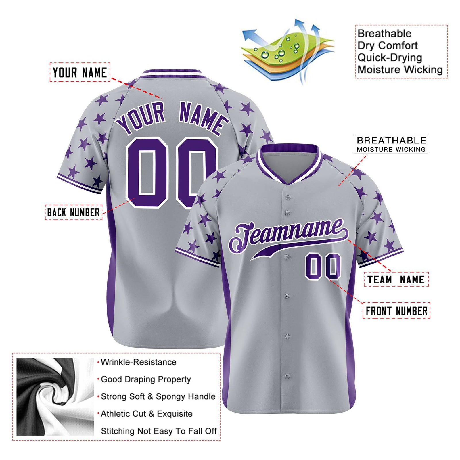 Custom Gray Purple Gradient Side Personalized Star Pattern Authentic Baseball Jersey